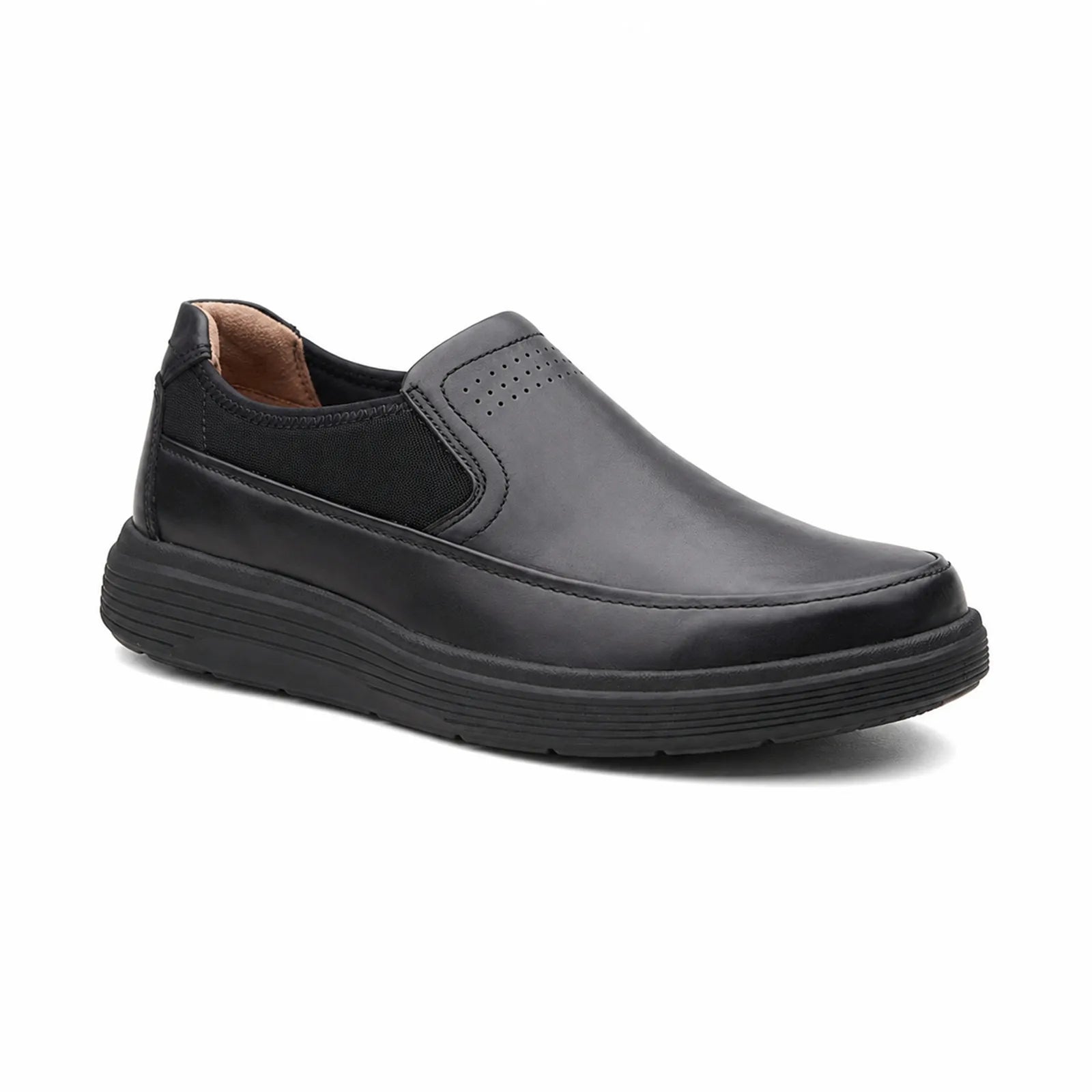 Black leather slip-on business shoe with perforated toe panel and rubber sole