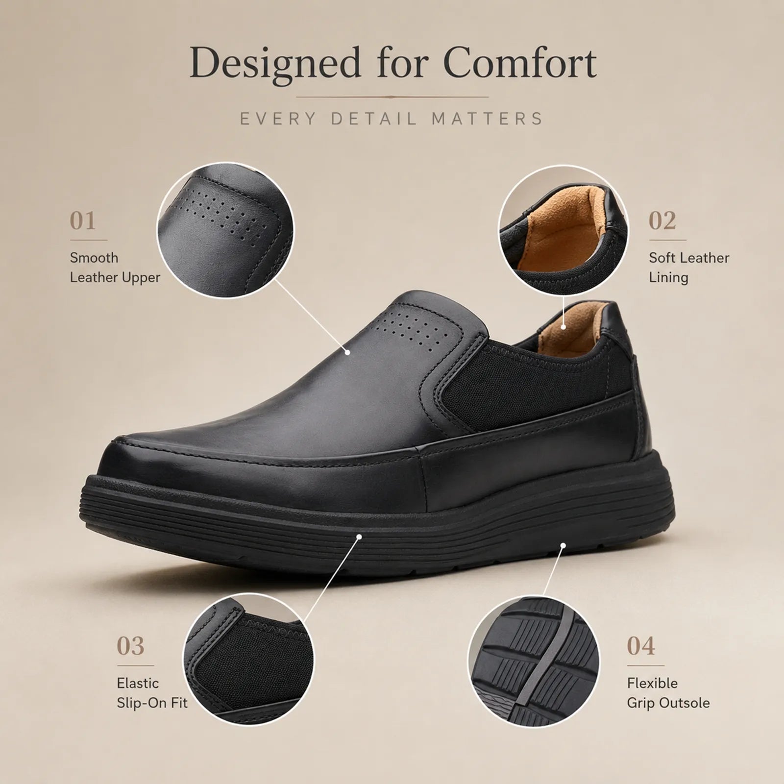 Men's leather slip-on business shoes with padded collar and flexible outsole