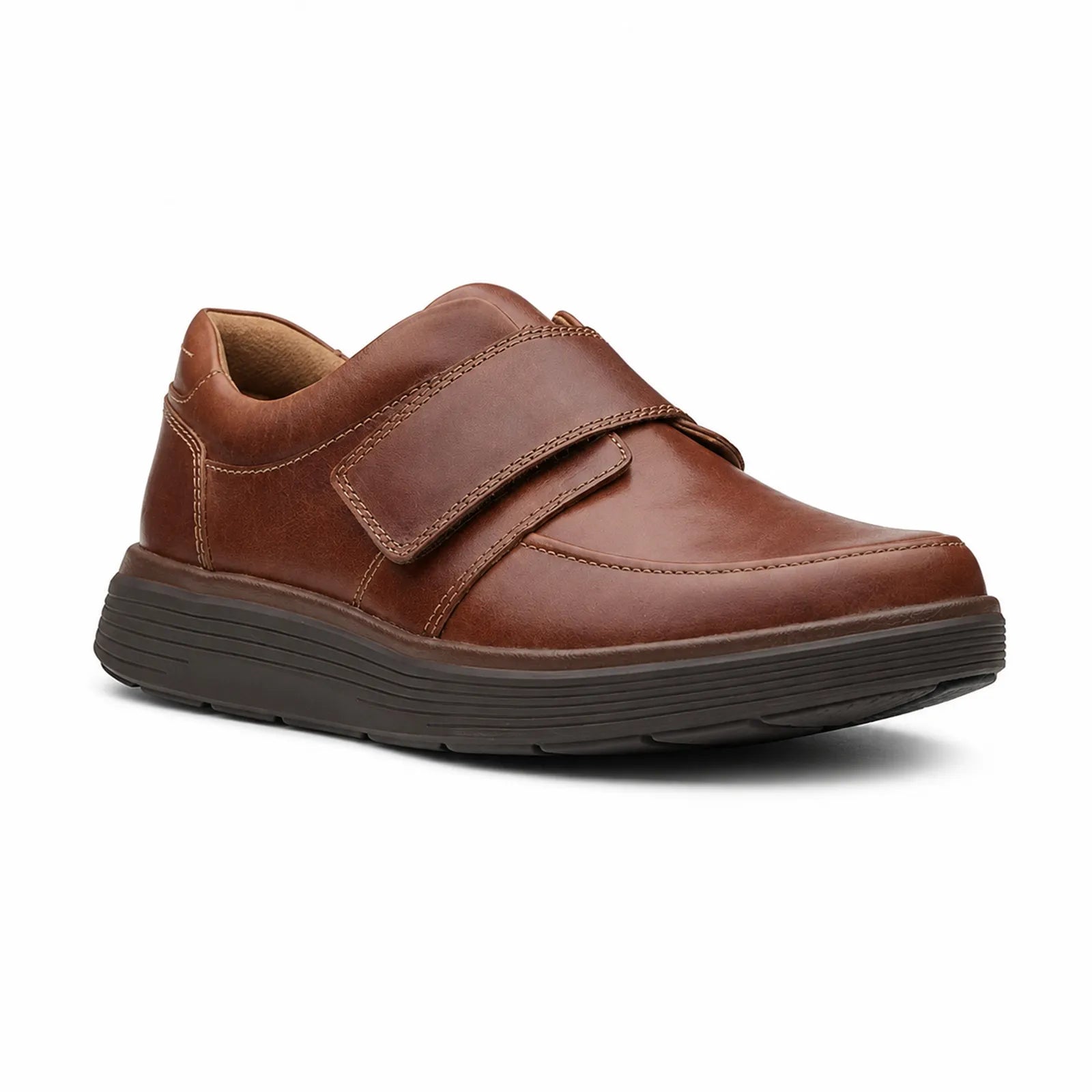 Men's brown leather loafer with hook-and-loop strap and cushioned sole
