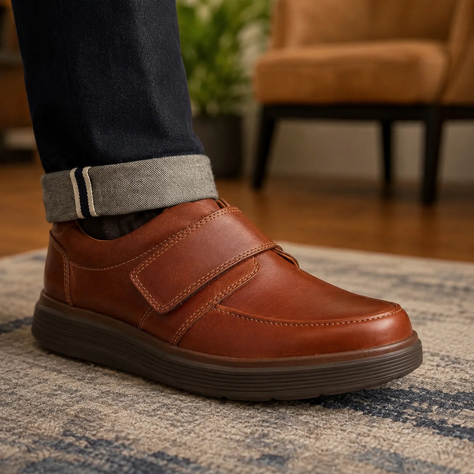 Men's brown leather slip-on loafers with hook strap and textured rubber sole