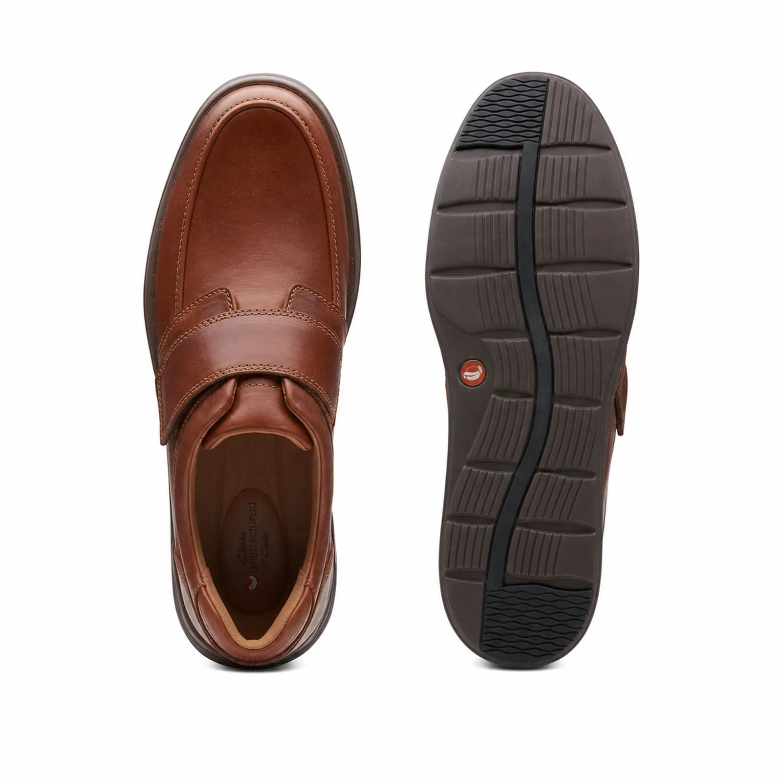 Men's brown leather loafer top view and treaded rubber outsole