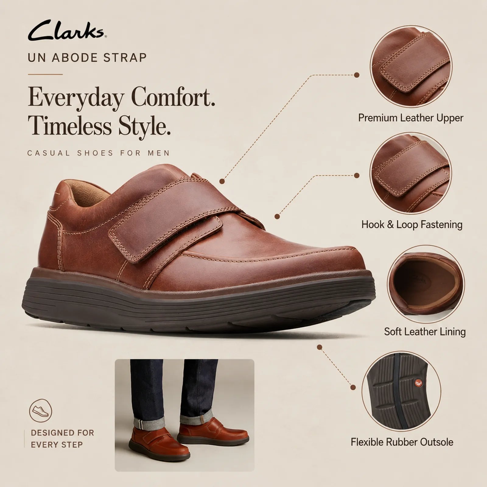 Men's brown leather loafer with hook-and-loop strap and soft lining