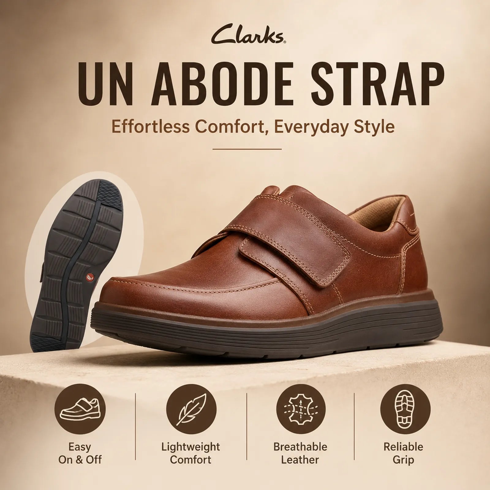 Men's brown leather loafer with wide strap and low profile rubber sole