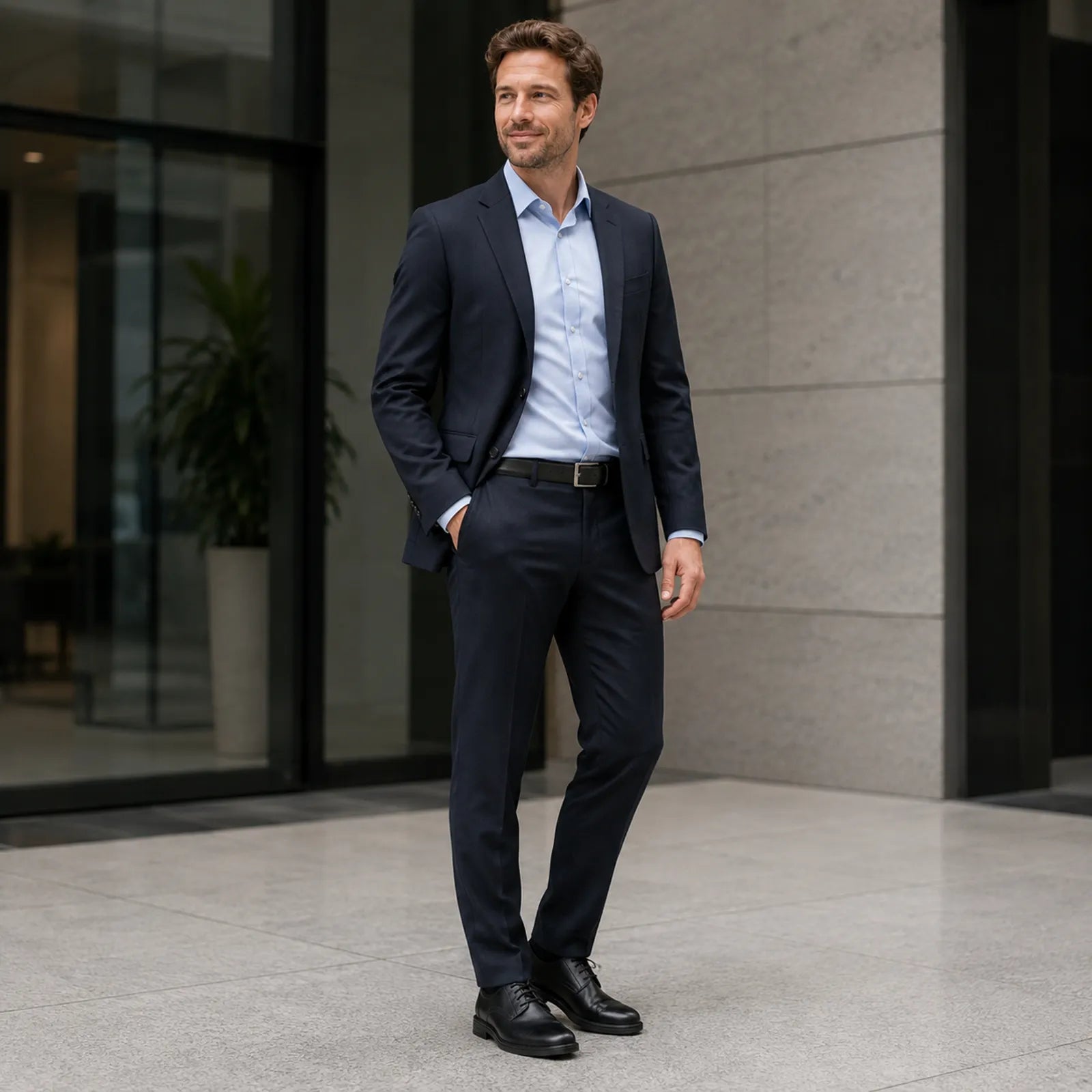 Black leather lace-up business shoes on a standing man, side view.