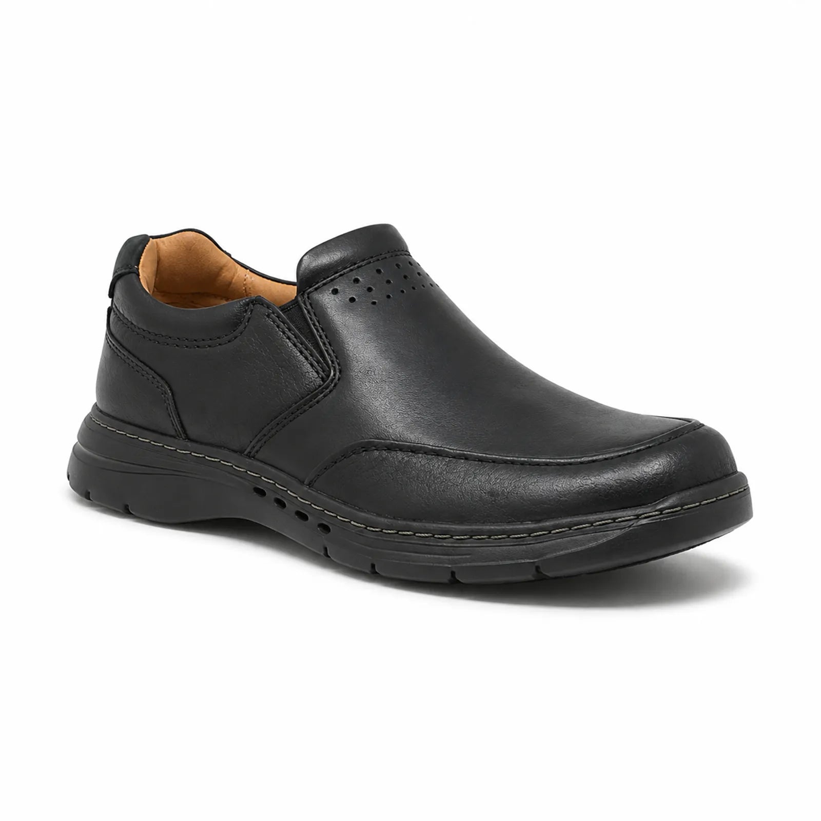 Black leather slip-on business shoe with stitched side panel and perforated vamp