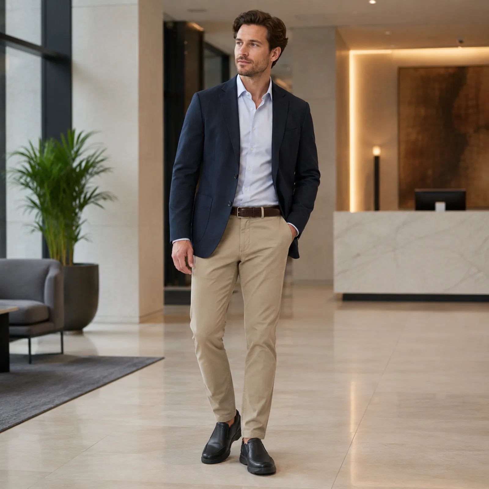 Black leather slip-on business shoes on a man, with rounded toe and low sole