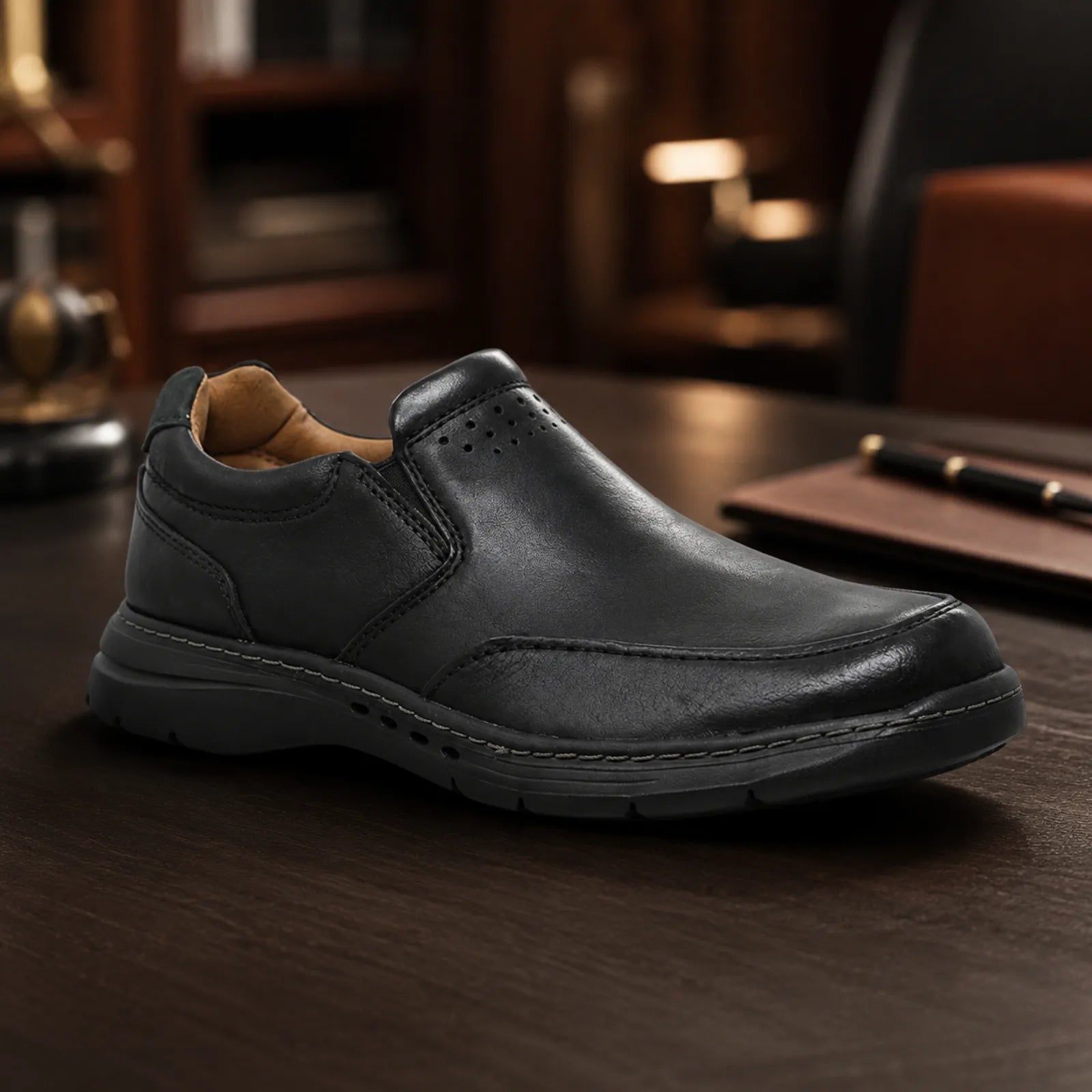 Black leather slip-on business shoe, three-quarter side view with perforated vamp