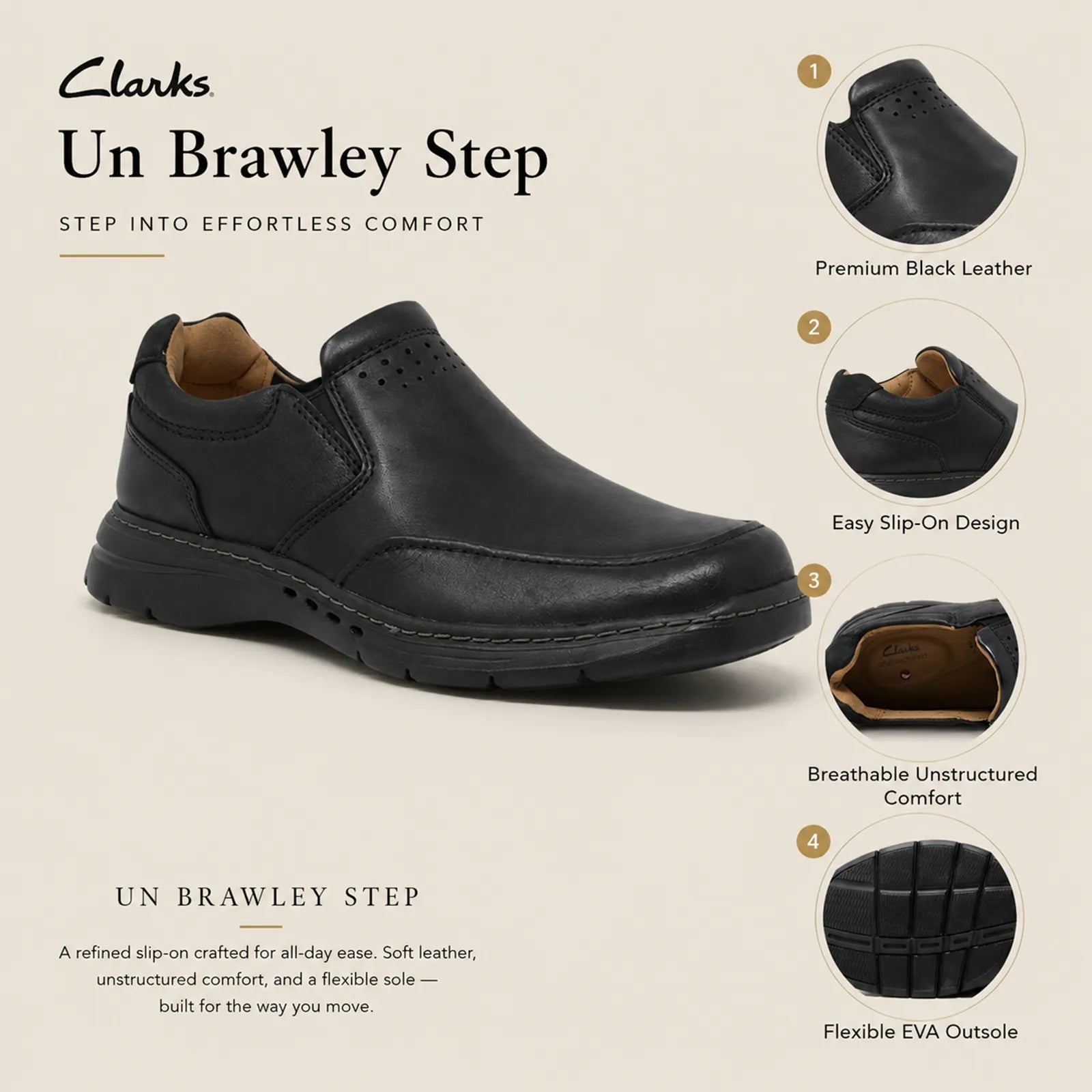 Black leather slip-on business shoe, side view with cushioned collar and stitched seams