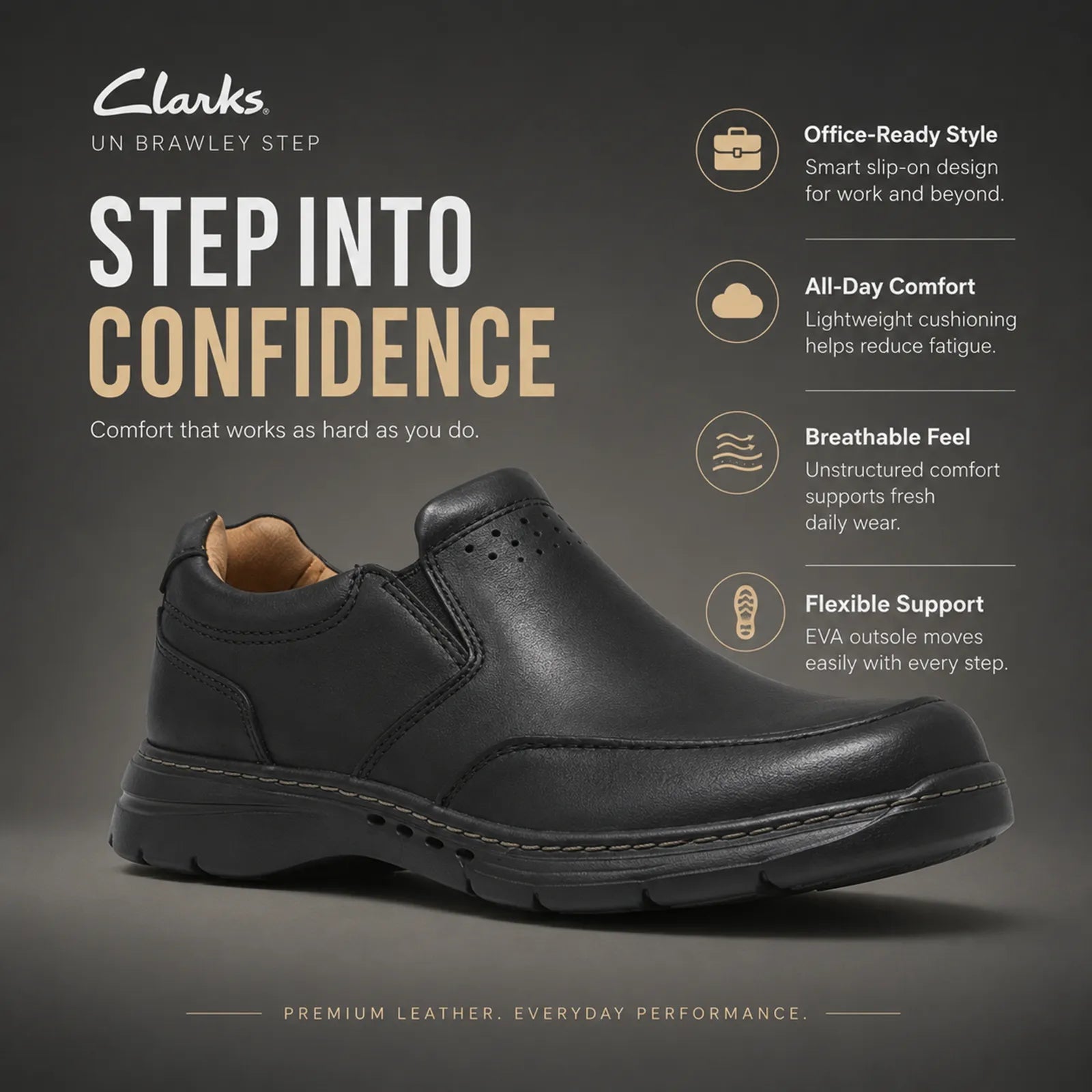 Black leather slip-on business shoe, front three-quarter view with perforated toe panel