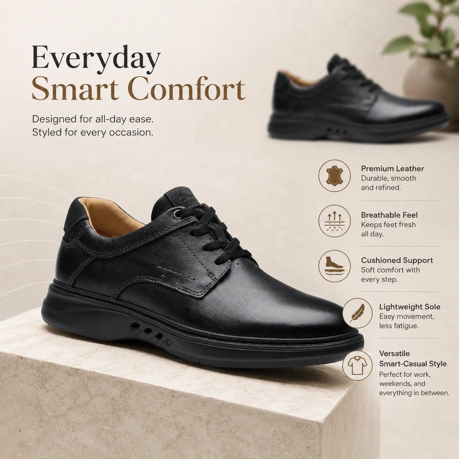 Men's black leather lace-up business shoe with low-profile comfort sole