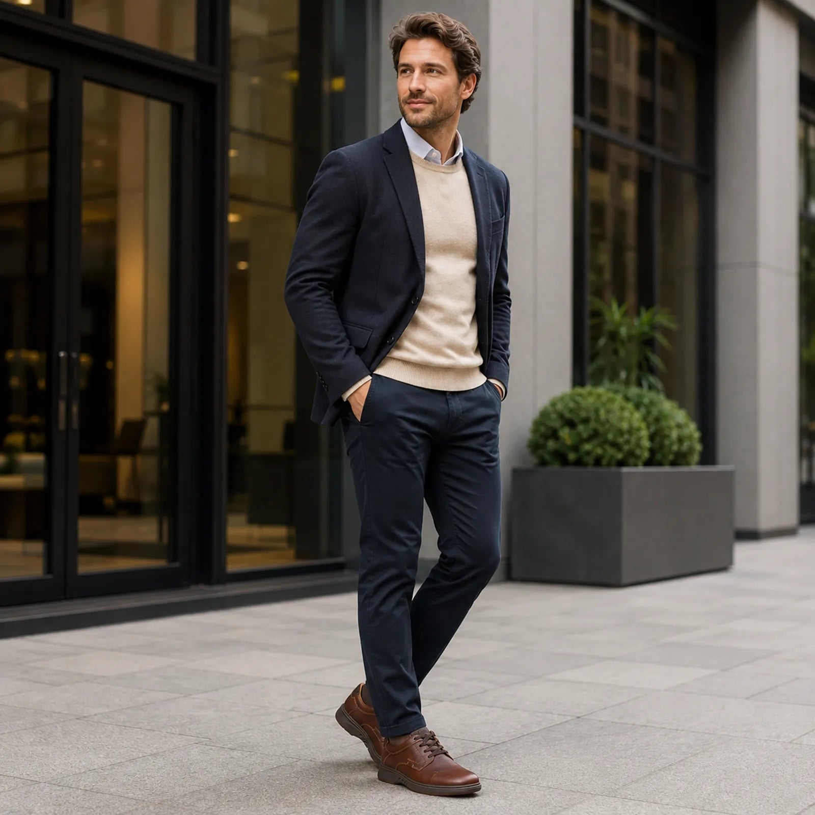 Men's brown leather lace-up business shoes on model, casual business look