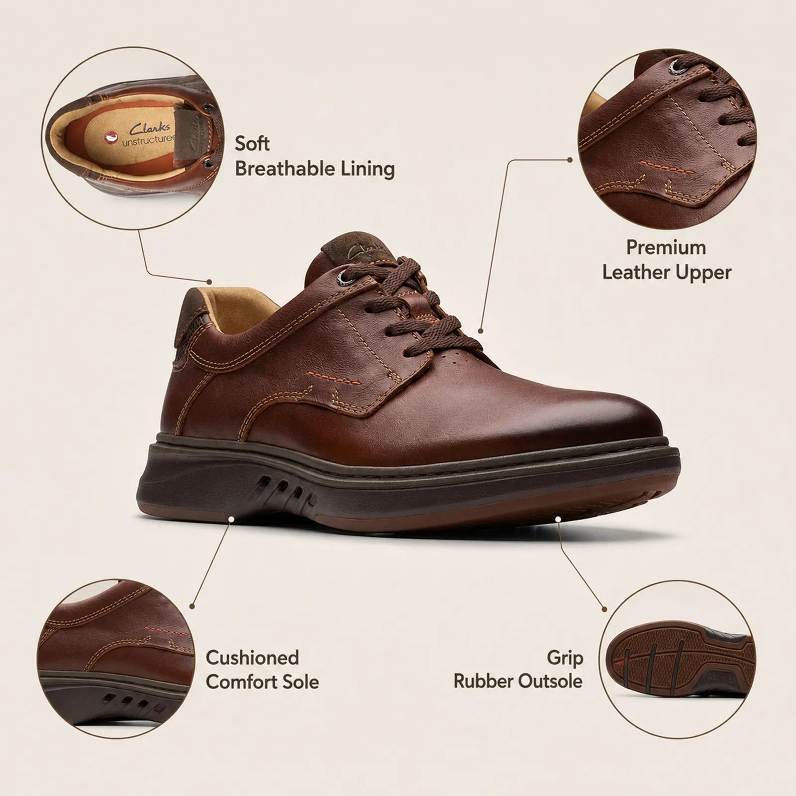 Clarks men's leather business shoes in brown, lace-up with cushioned comfort sole