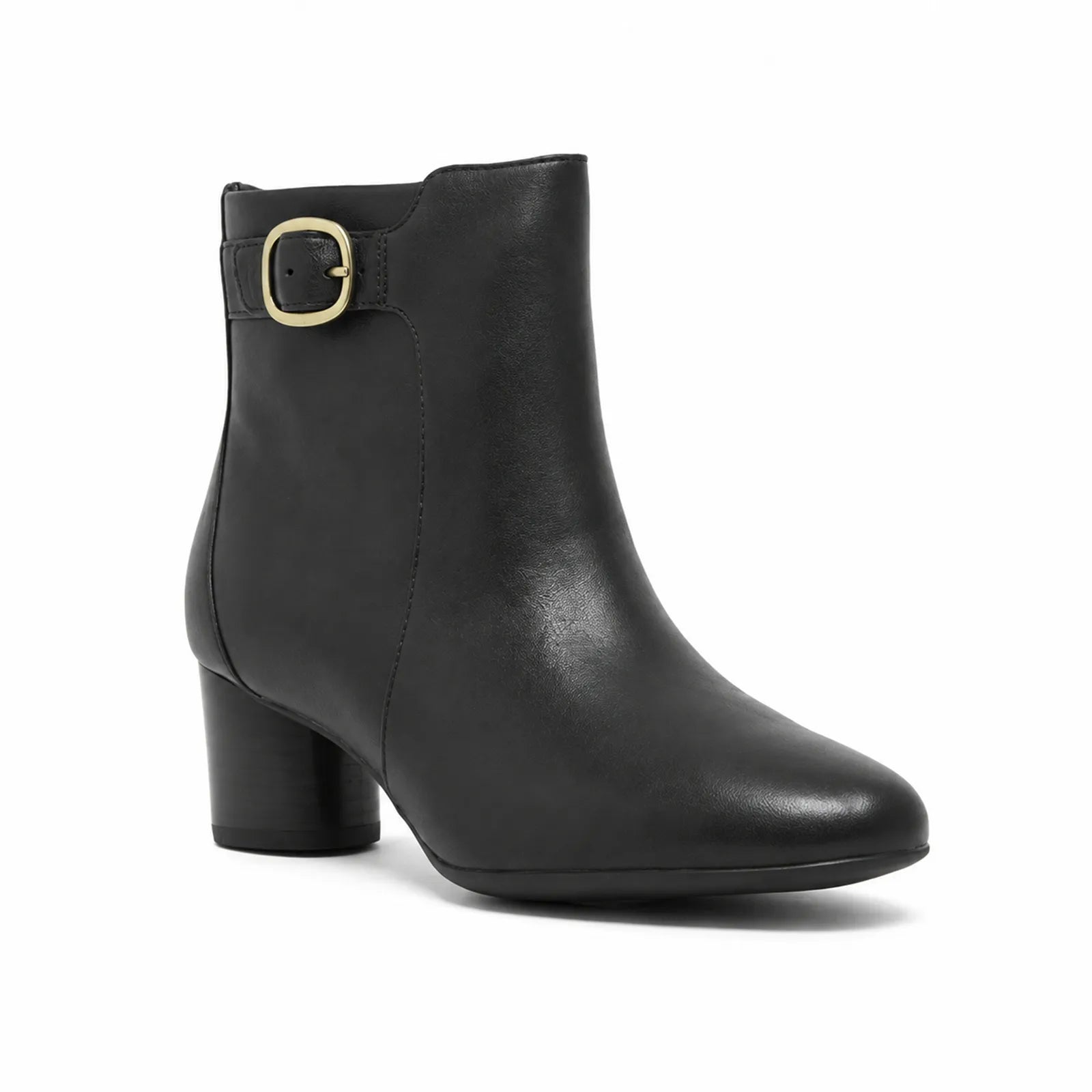 Black leather ankle boots with block heel and gold-tone buckle strap