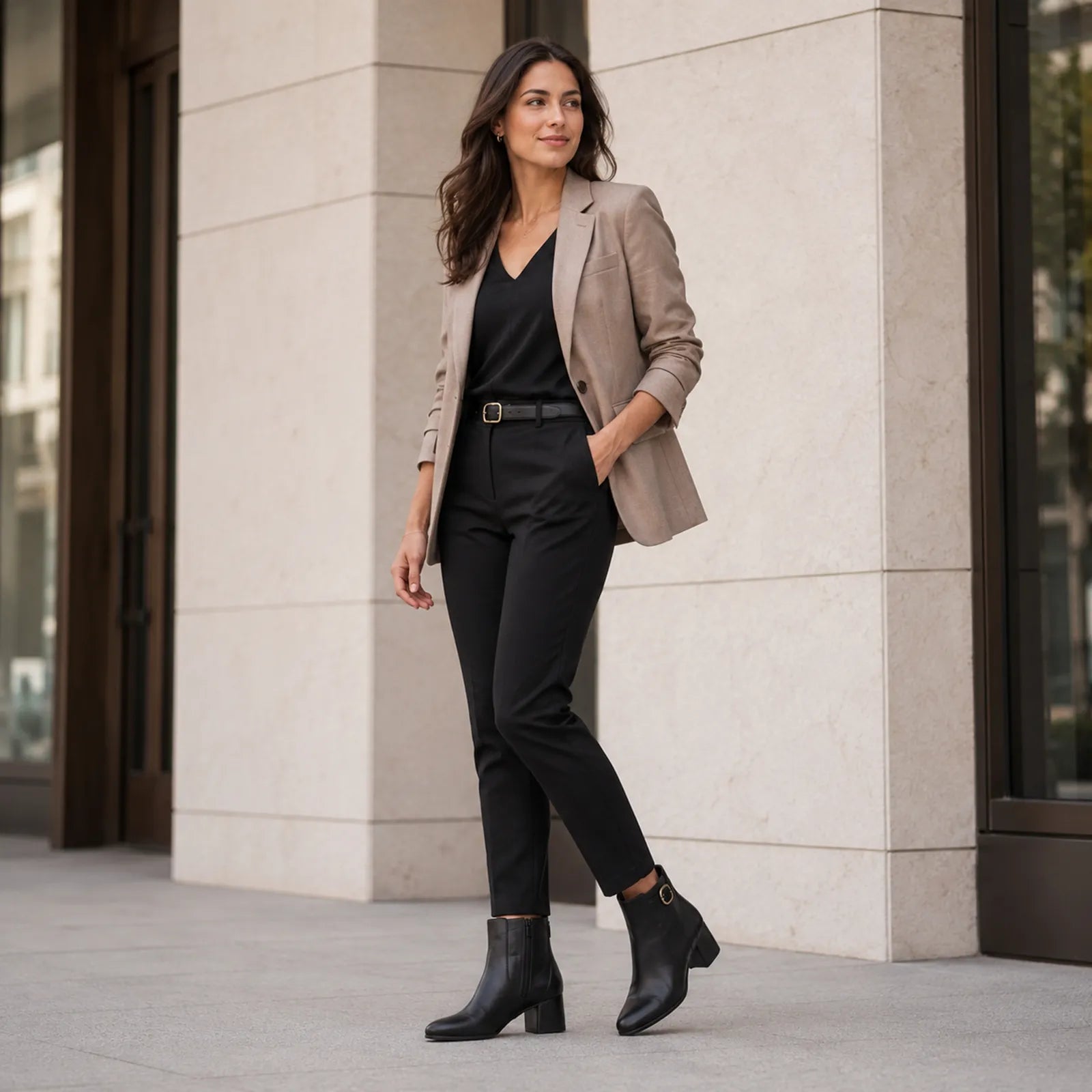 Women’s black leather ankle boots with block heel and buckle strap