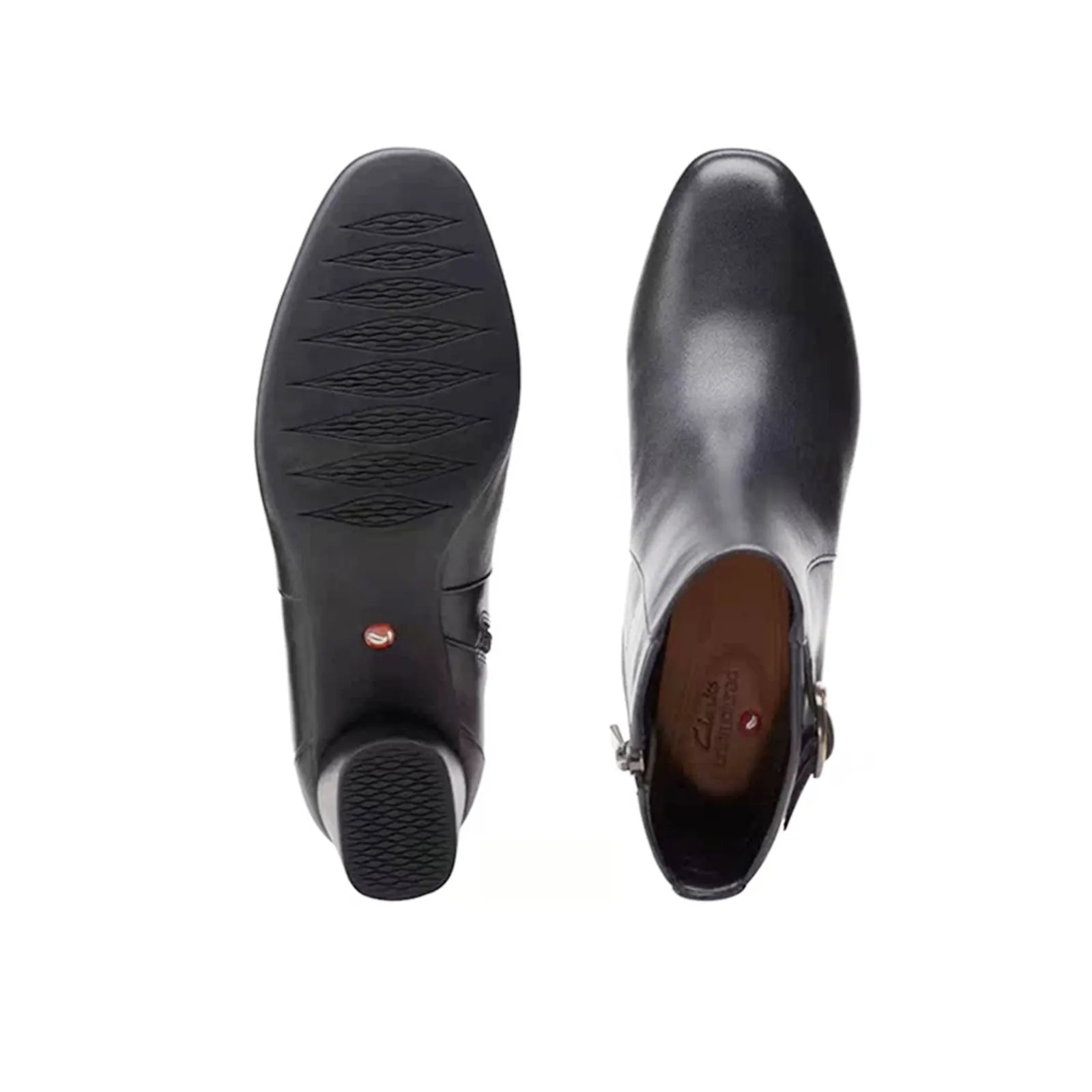 Black leather ankle boots outsole and heel view