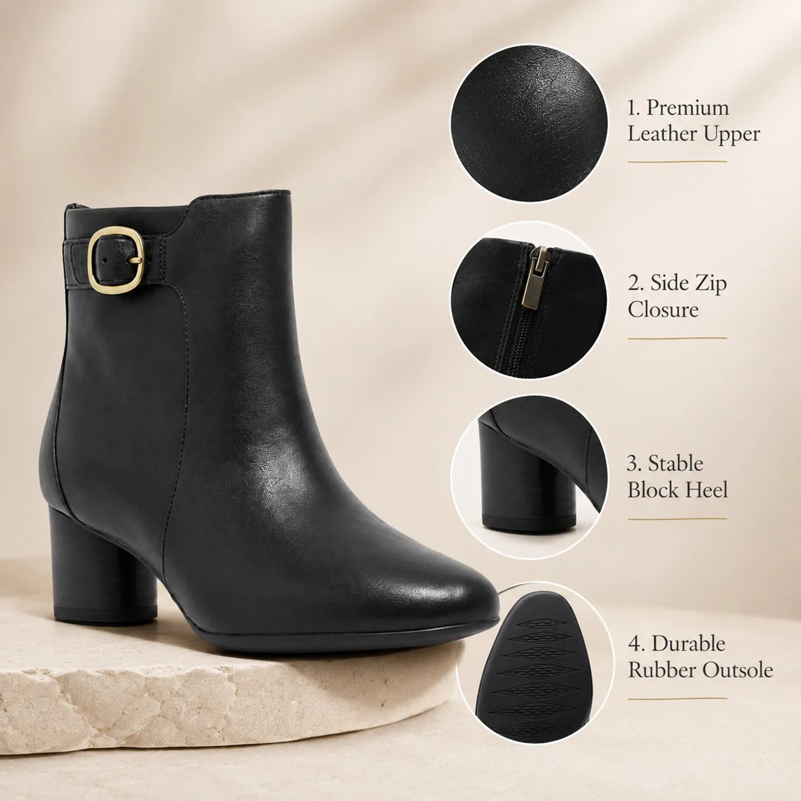 Black leather ankle boots with block heel and buckle strap