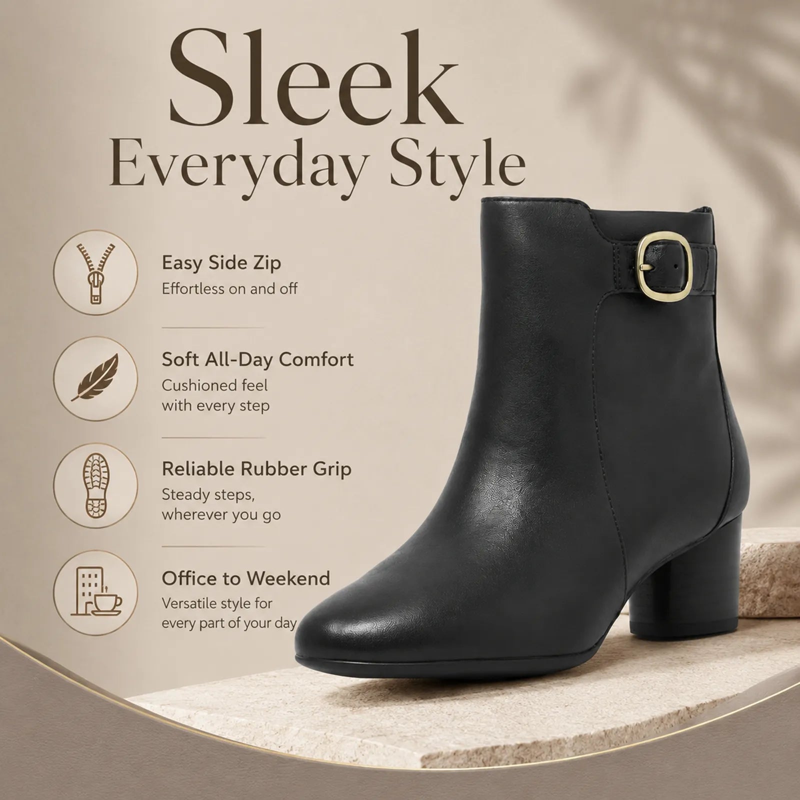 Clarks Un Cosmo Vibe women’s black leather ankle boots with side zip and buckle strap