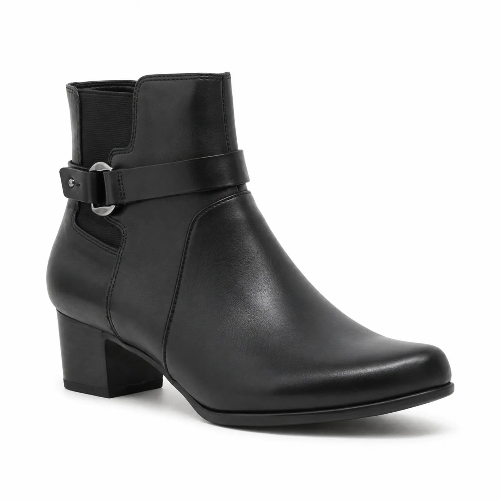 Black leather mid-height men’s ankle boots with buckle strap and block heel