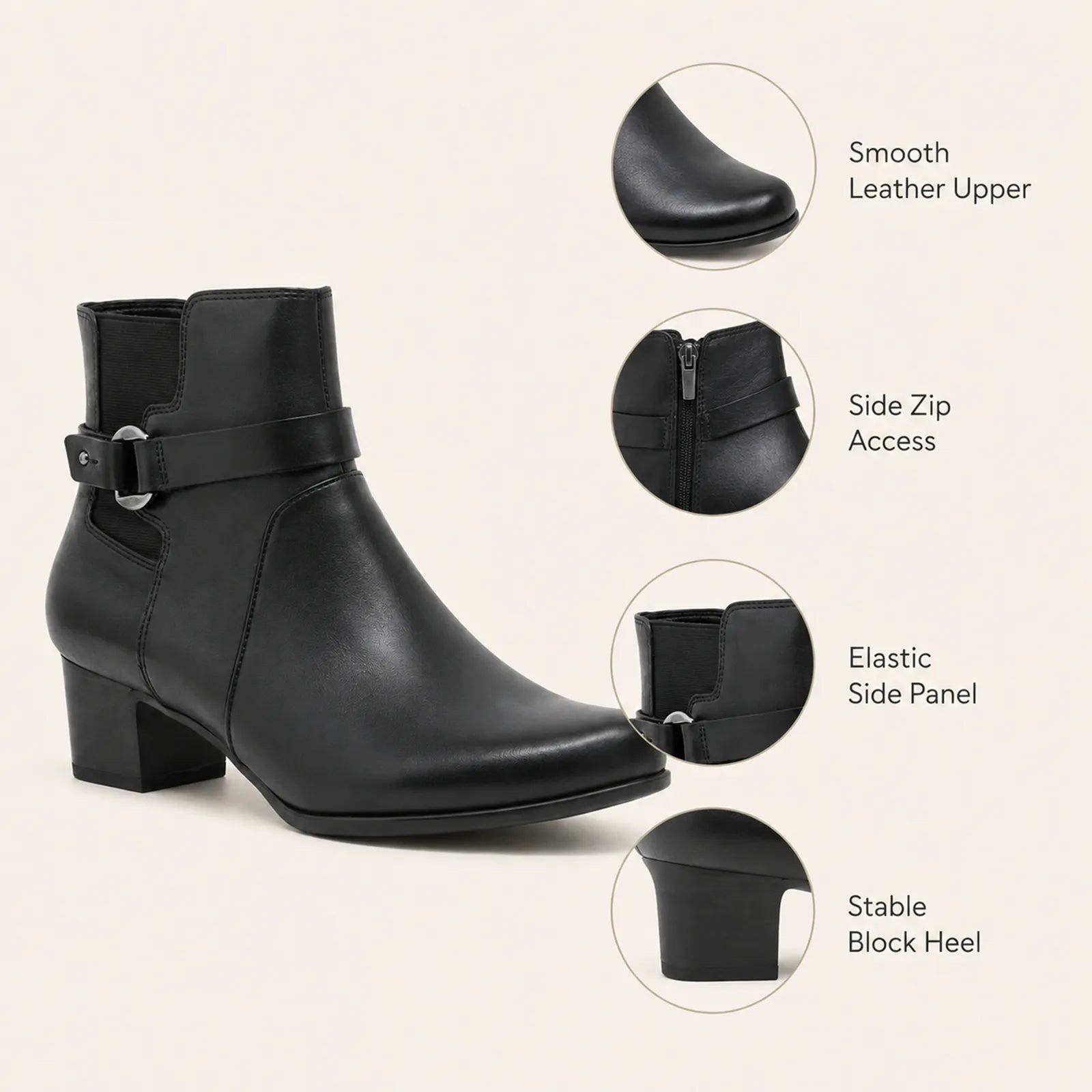 Black leather ankle boots with side zip, elastic panel, and block heel