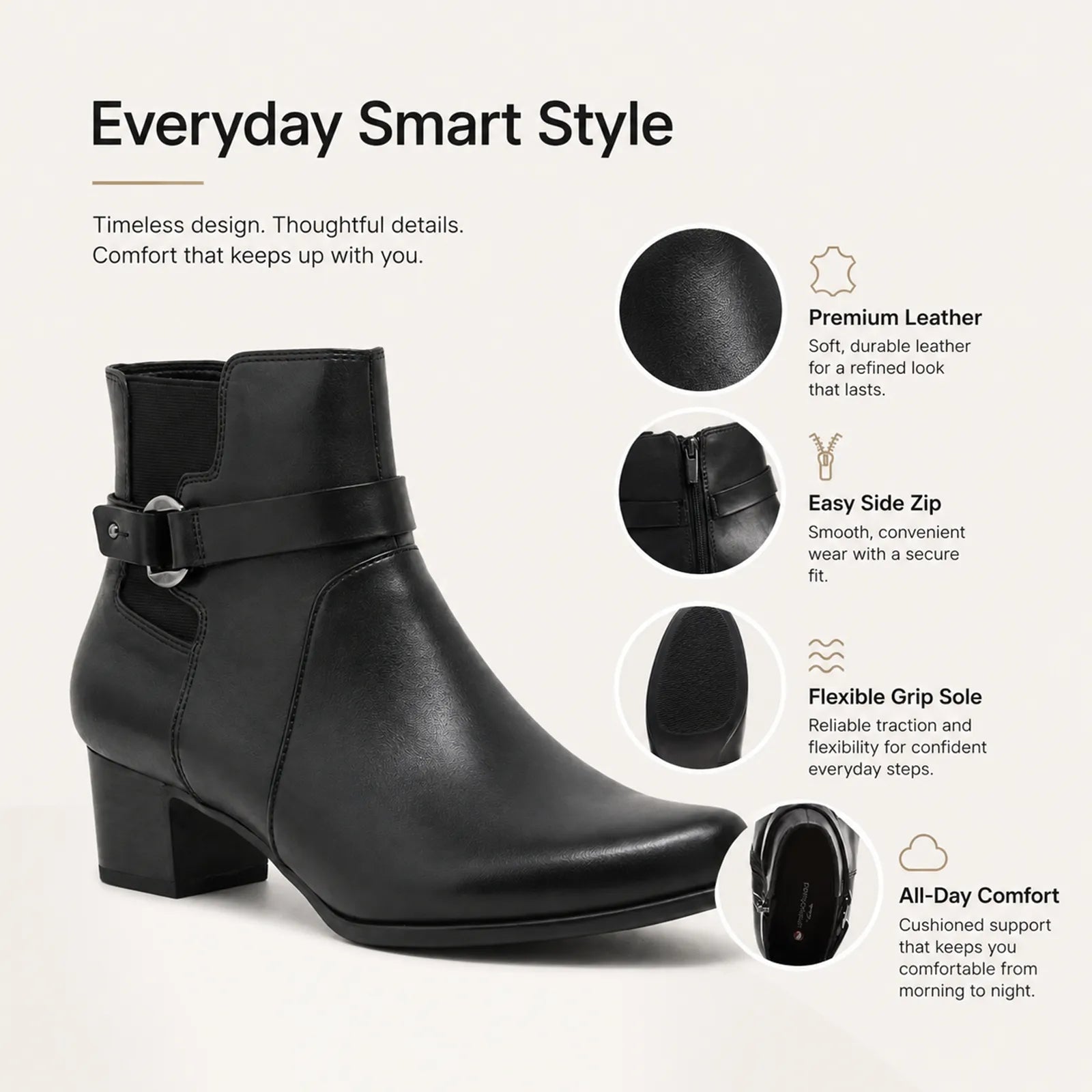 Black leather mid-ankle boots with side zip and supportive block heel