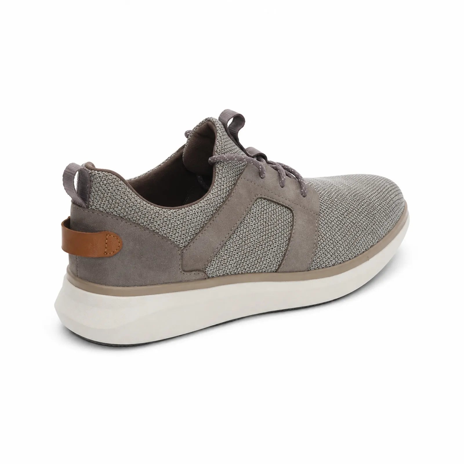 Men's grey lace-up textile sneakers with low-profile rubber sole and heel pull tab