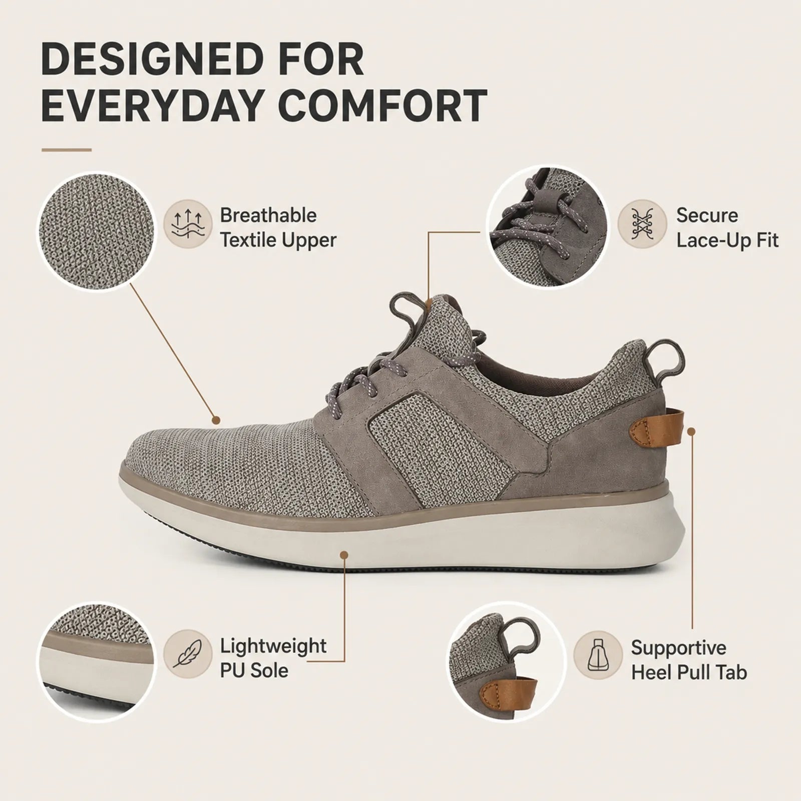 Grey lace-up casual sneakers with textured upper, side strap, and light sole