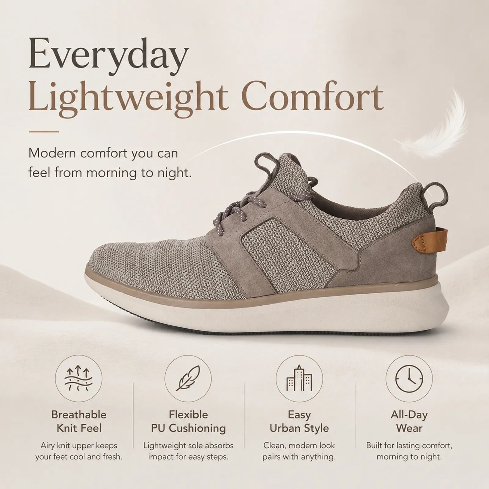 Grey lace-up sneakers with knit-textile upper, cushioned collar, and heel pull tab