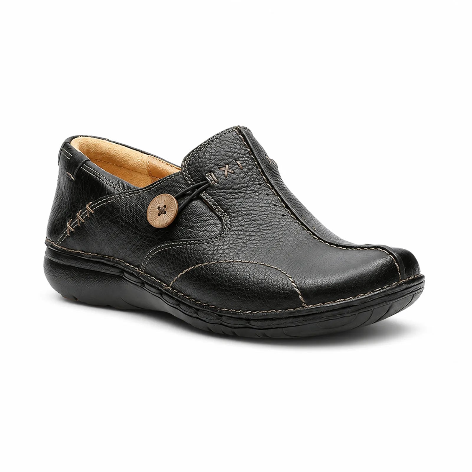 Black leather slip-on loafer with round button strap and moc stitching, cushioned sole