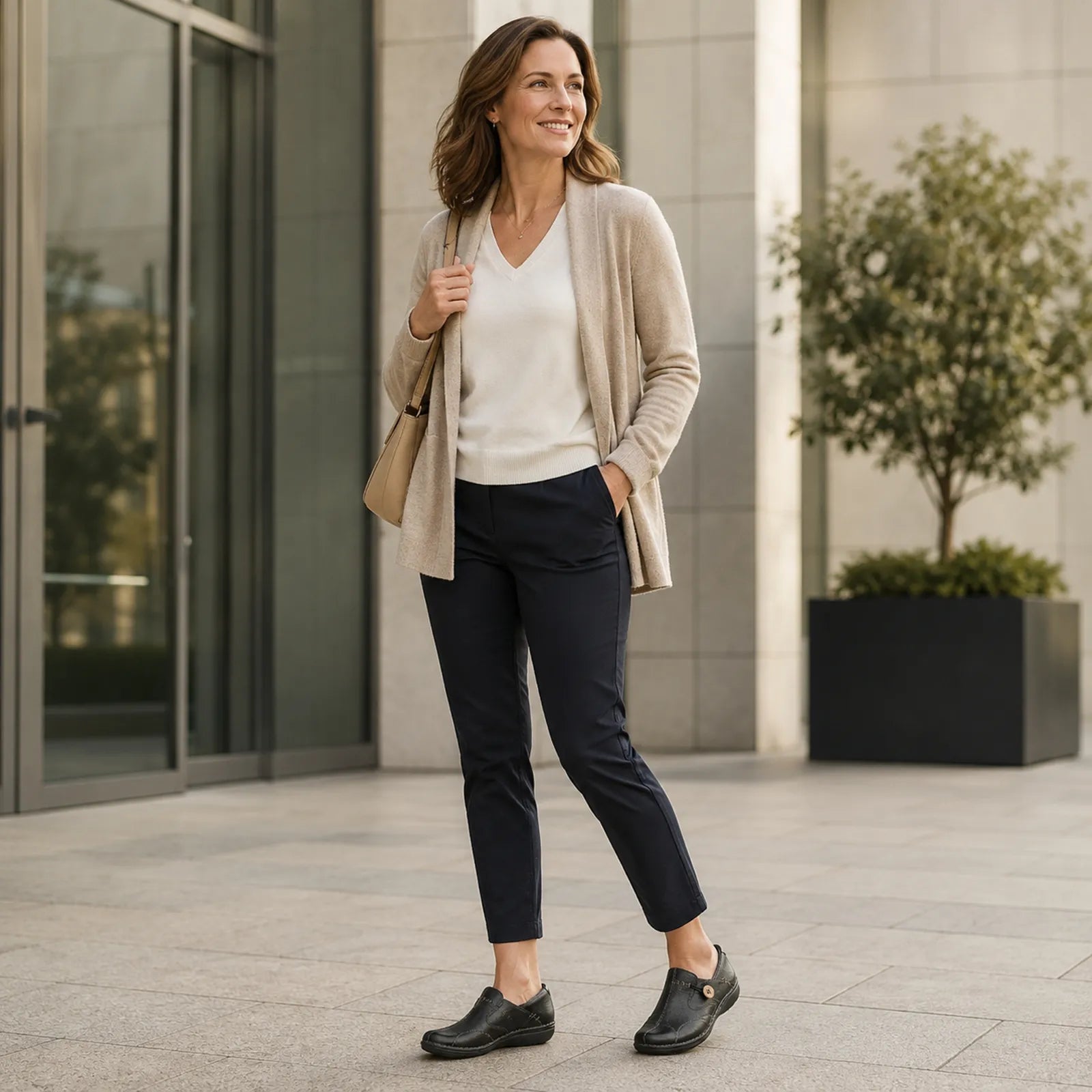 Women's black leather slip-on loafers worn with dark pants, rounded toe and button detail