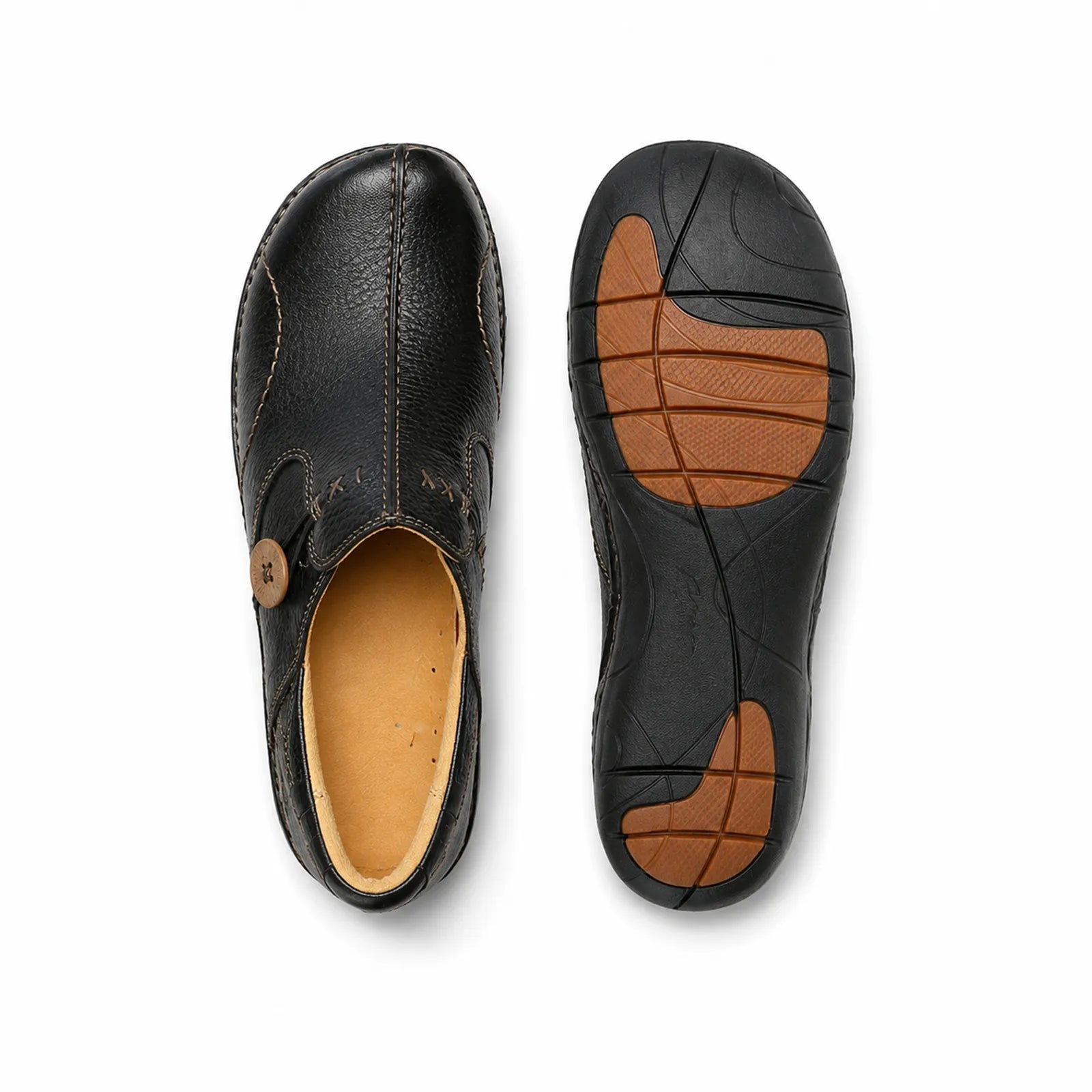 Black leather loafer pair, top and outsole view with cushioned tread and brown inserts
