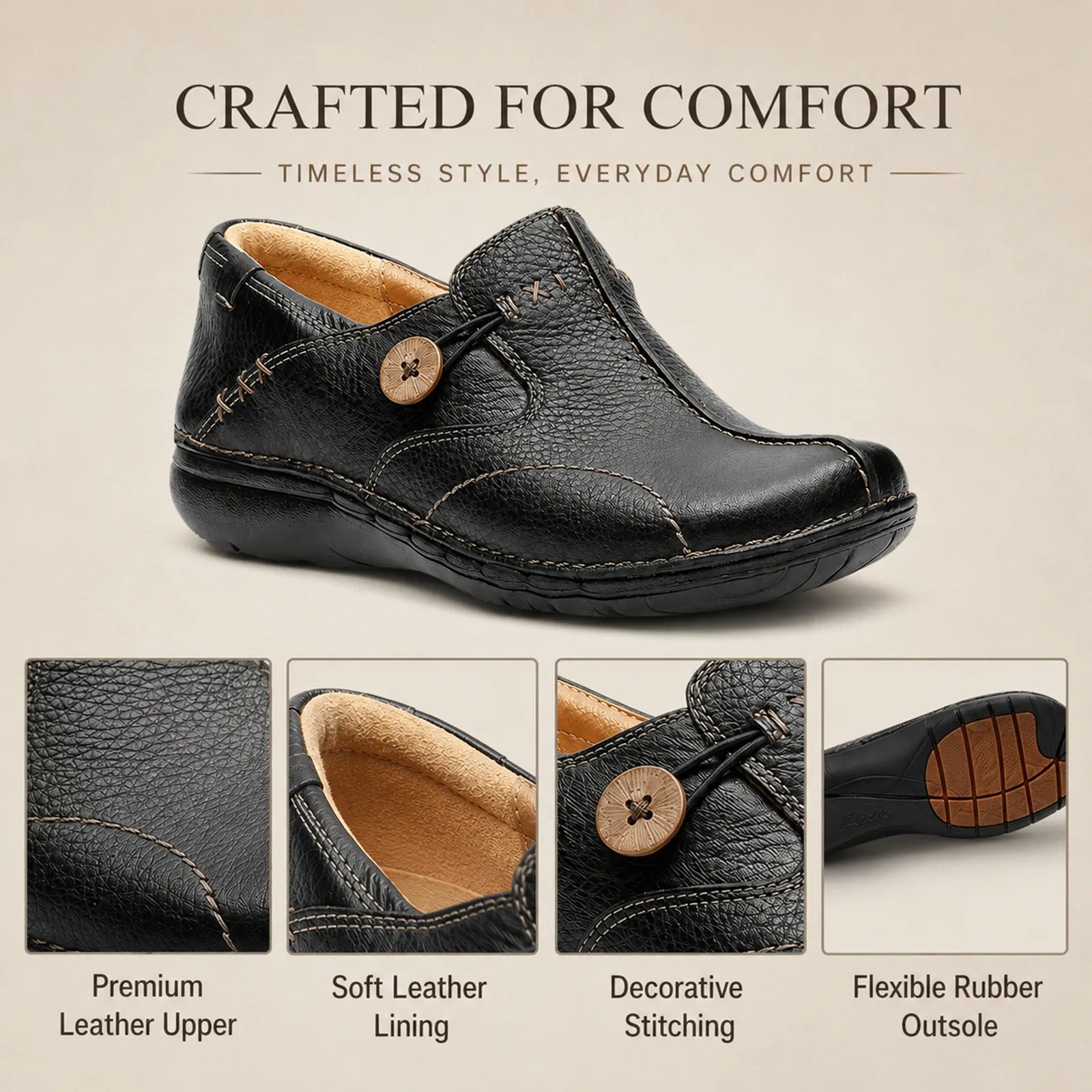 Black leather loafer with button strap, decorative stitching, flexible rubber outsole