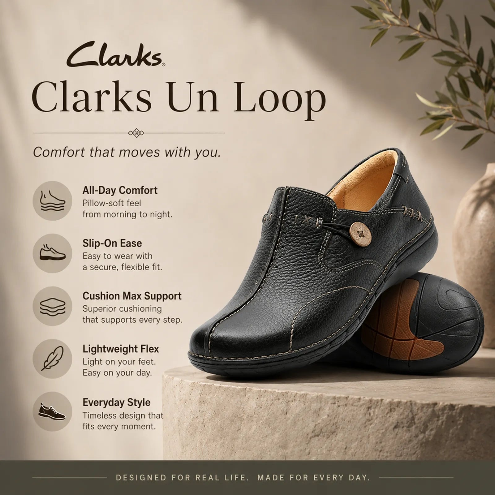 Black leather slip-on loafer with button strap and light stitching, side view