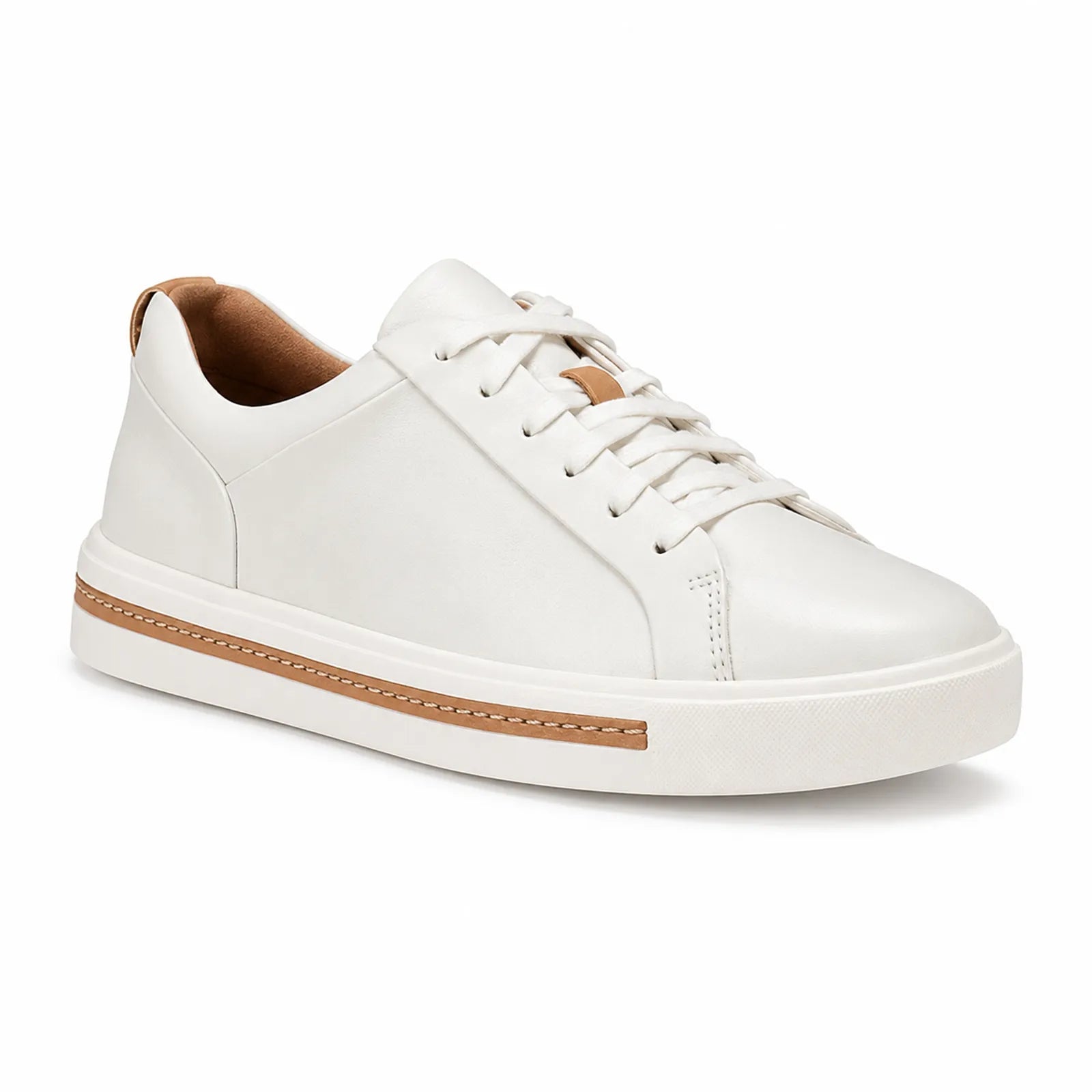 White leather lace-up women's sneaker with tan-trimmed side stripe and rubber sole