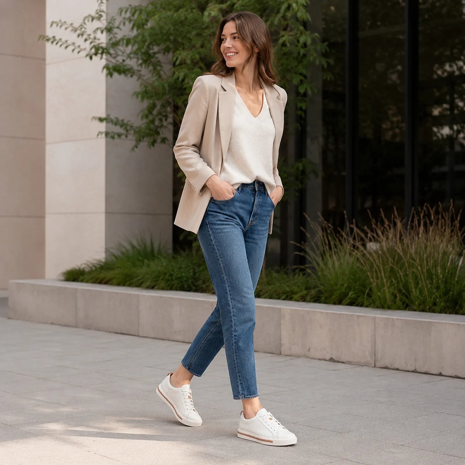 White leather lace-up sneaker on foot with blue jeans