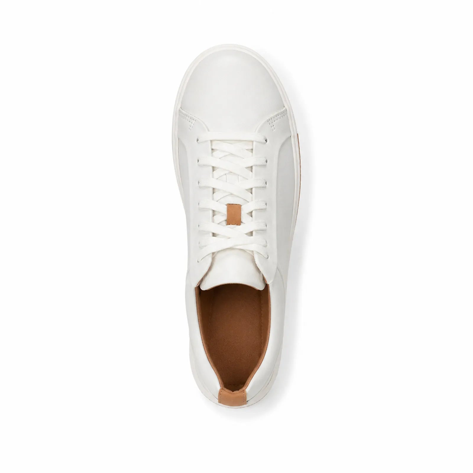 White leather lace-up sneaker, front view with padded collar and lace eyelets
