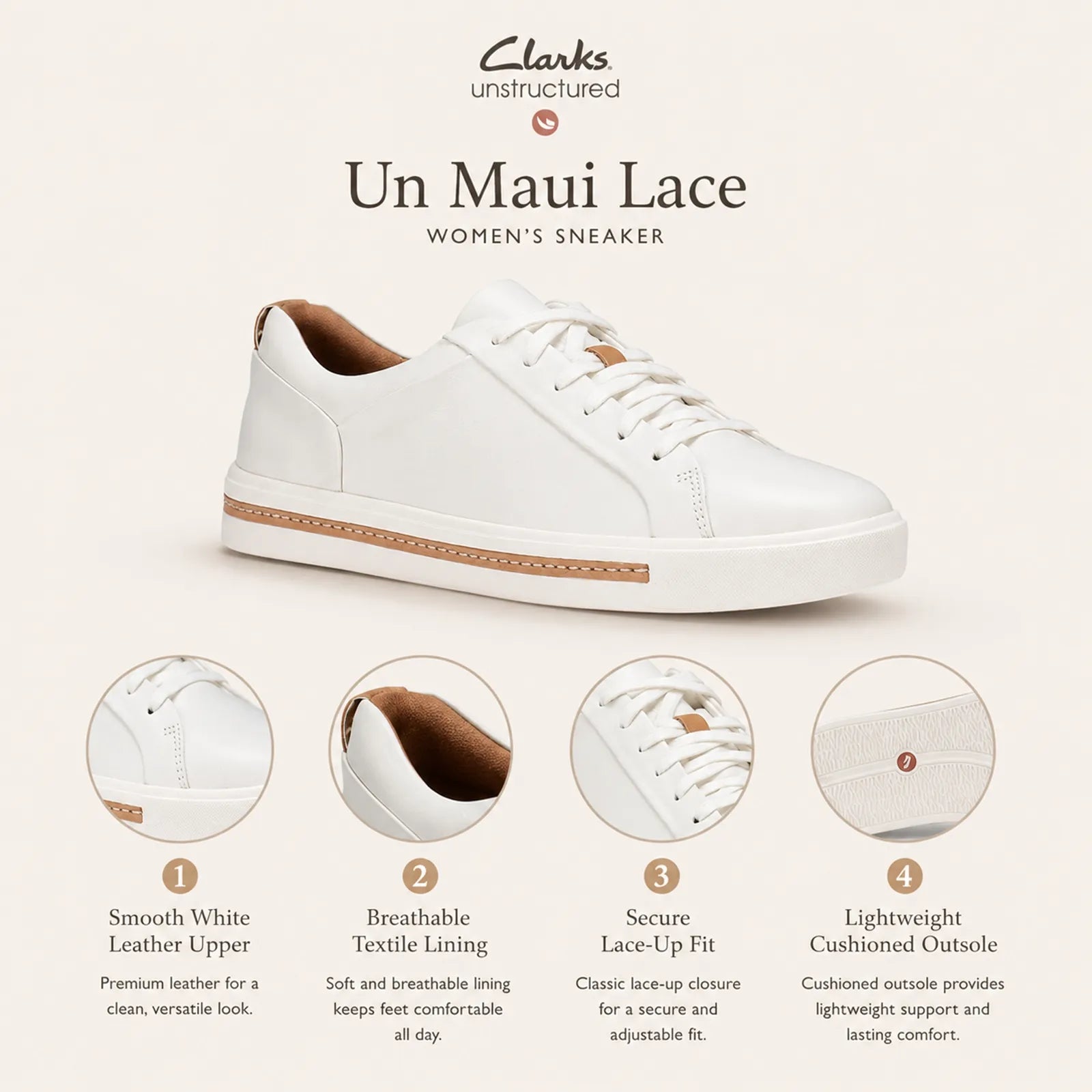 Clarks white leather lace-up sneaker with tan-trimmed sole and smooth upper
