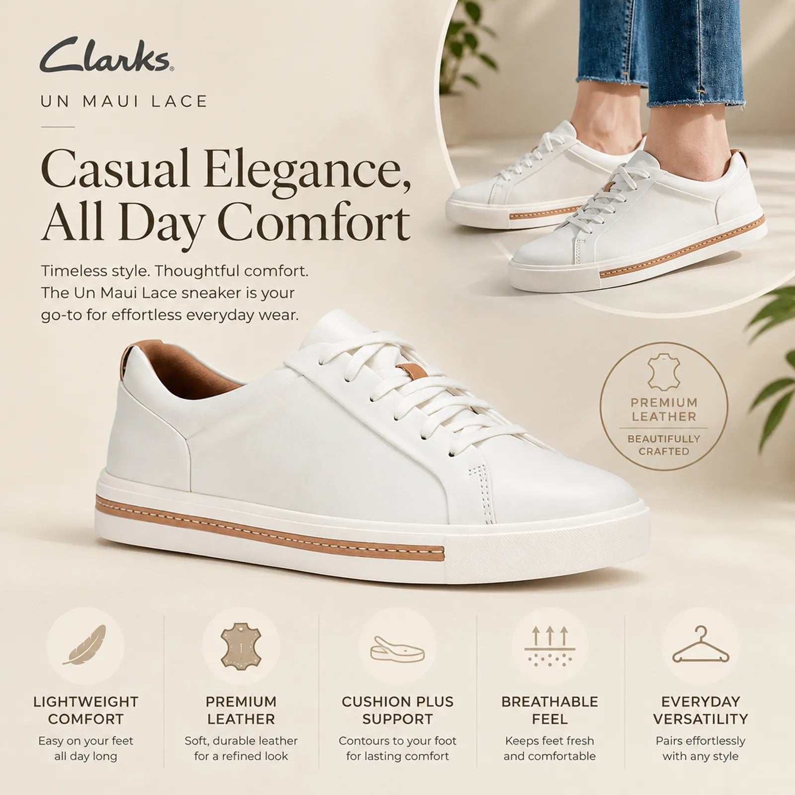 White leather lace-up sneaker with tan-trimmed sole, casual with jeans