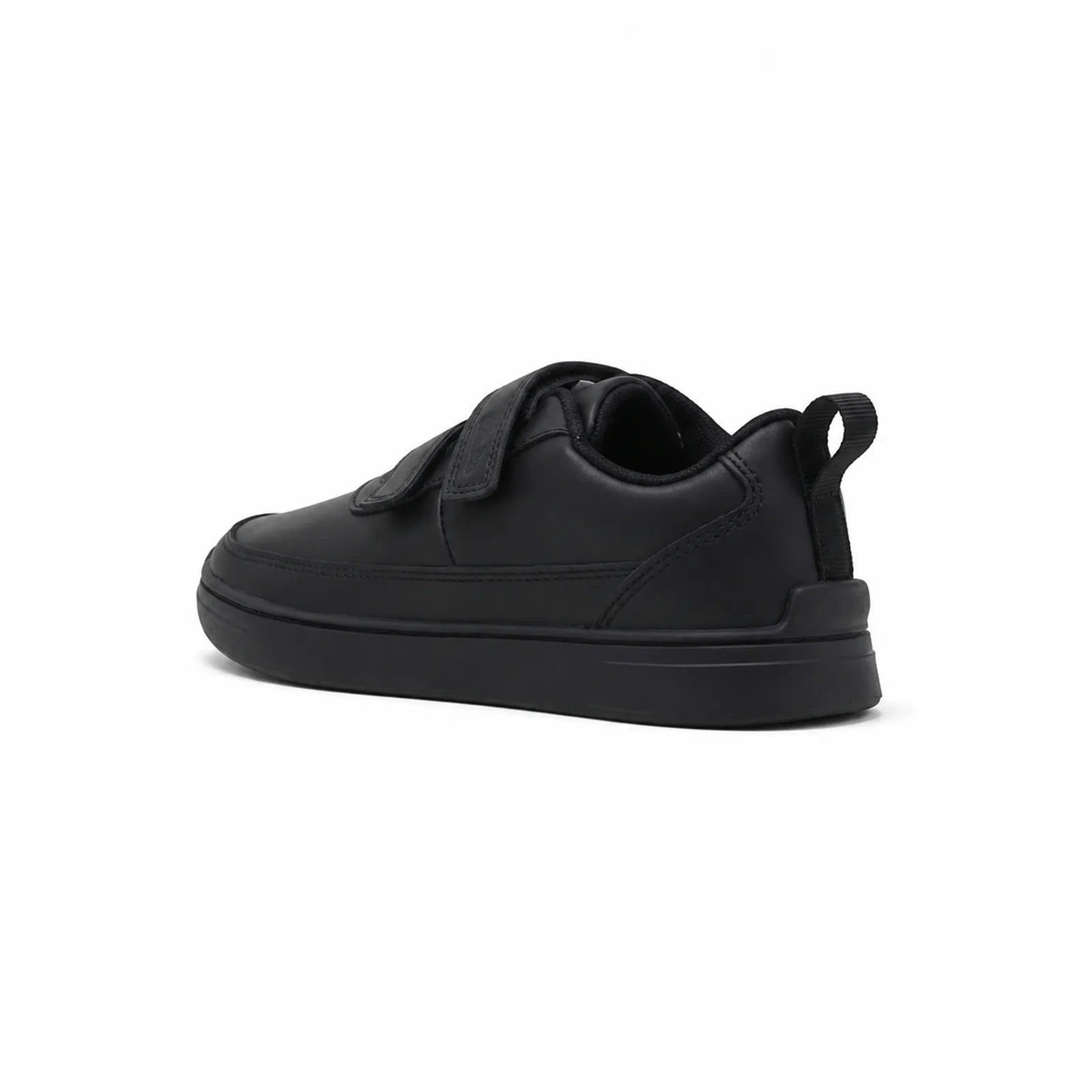 Black kids sneakers rear view with pull tab and thick rubber sole