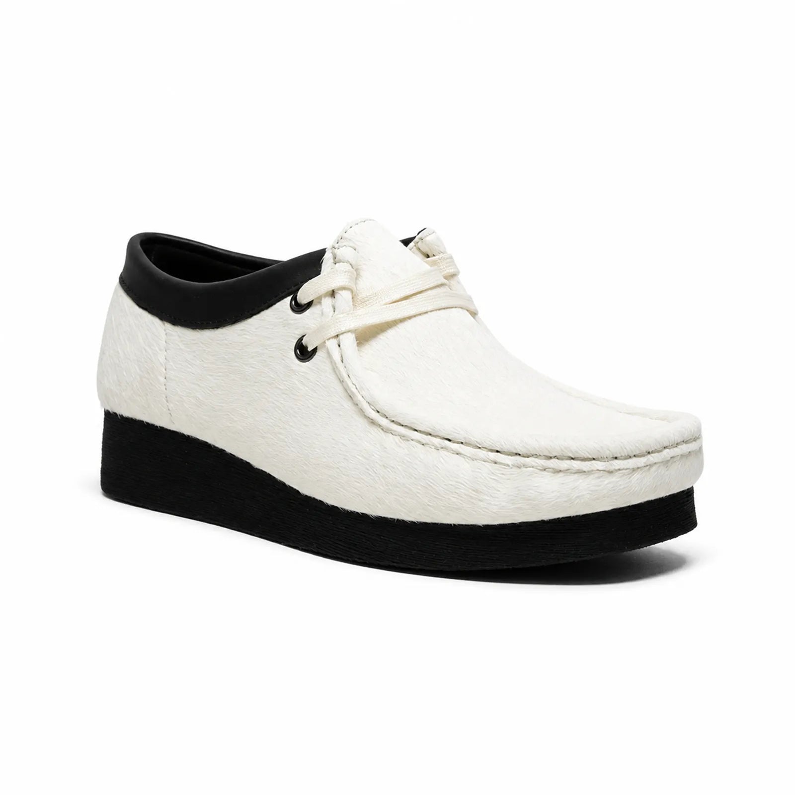 White Wallabee-style lace-up casual shoes with black collar and black crepe sole