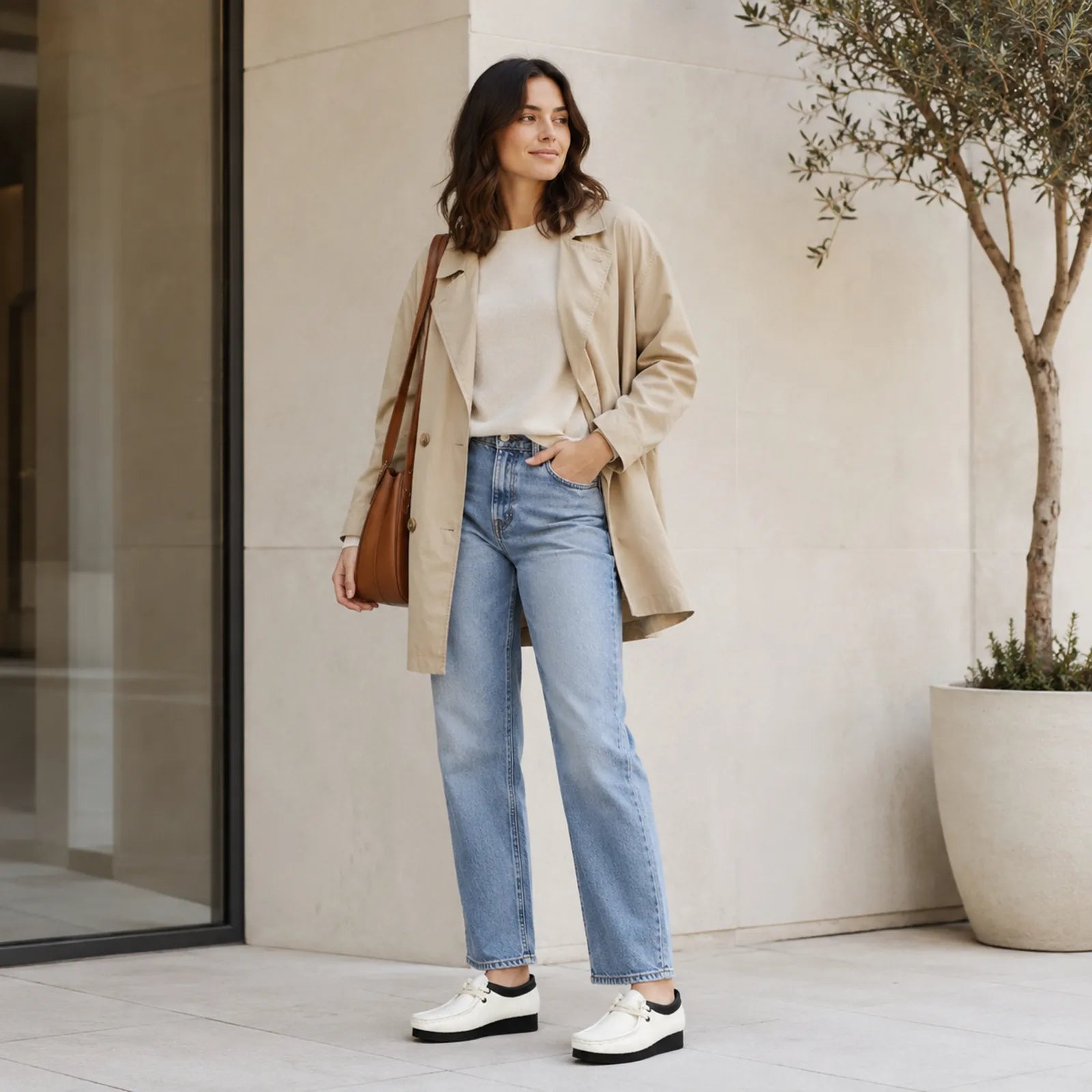 White Wallabee-style lace-up shoes with black collar worn with jeans