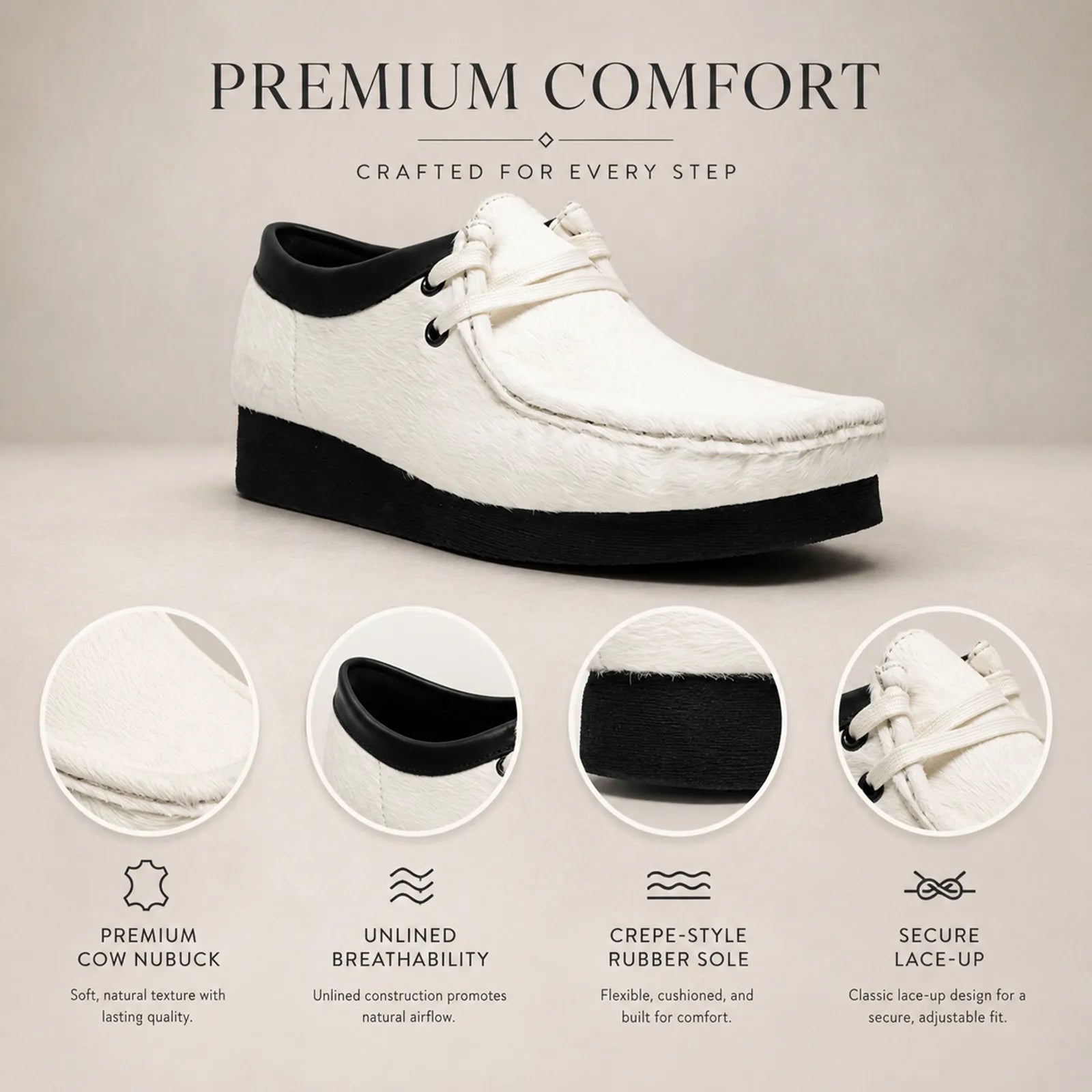 White Wallabee-style lace-up casual shoe with black collar and textured nubuck upper