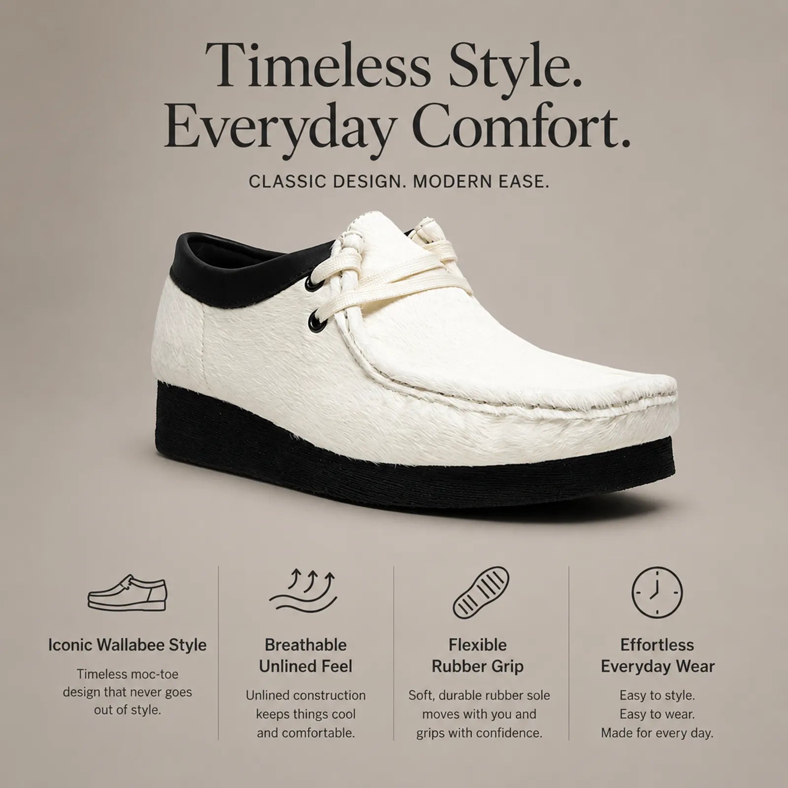 White Wallabee-style lace-up casual shoe with black collar and black platform sole