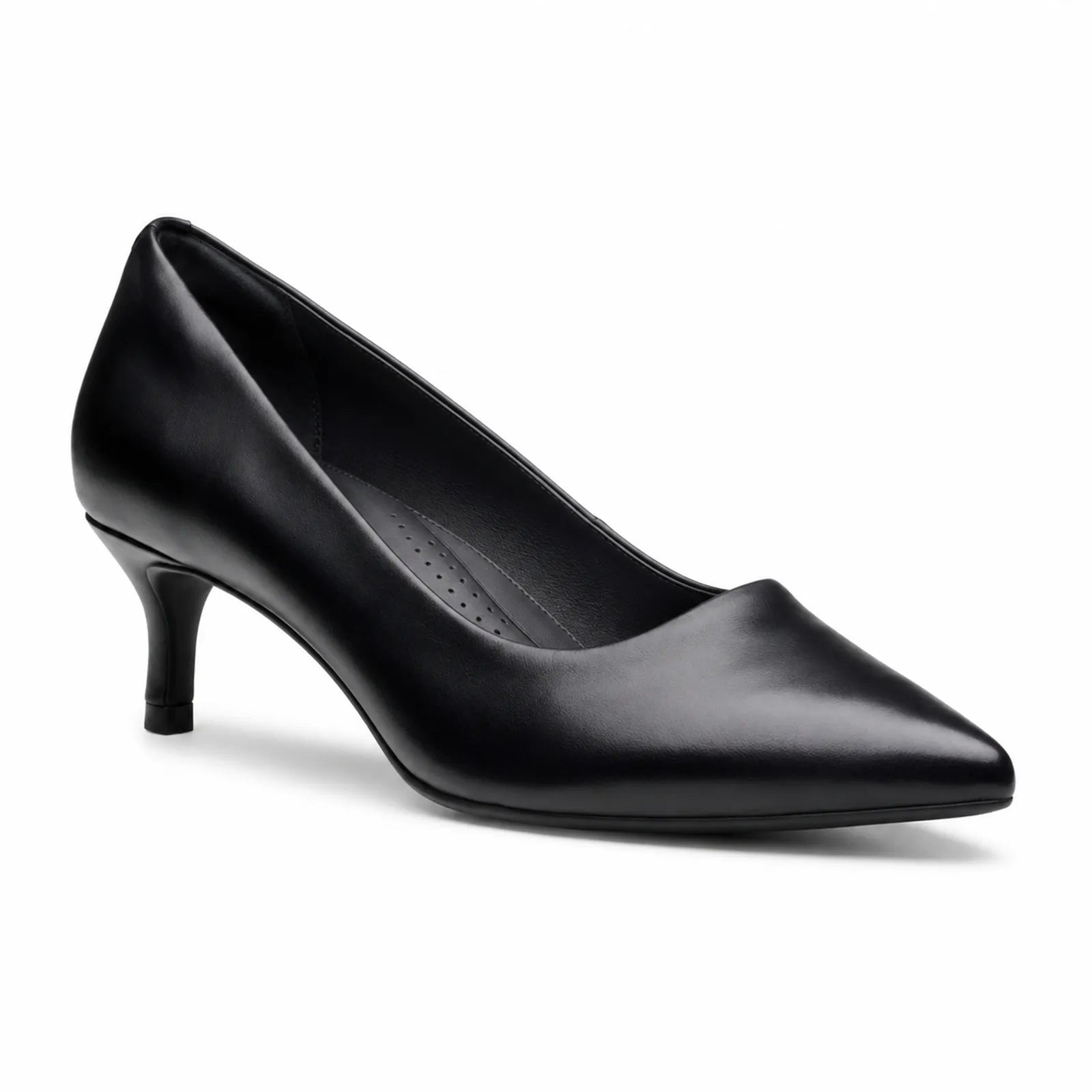 Clarks Zarey Court women’s black leather pointed-toe heels, low stiletto heel.