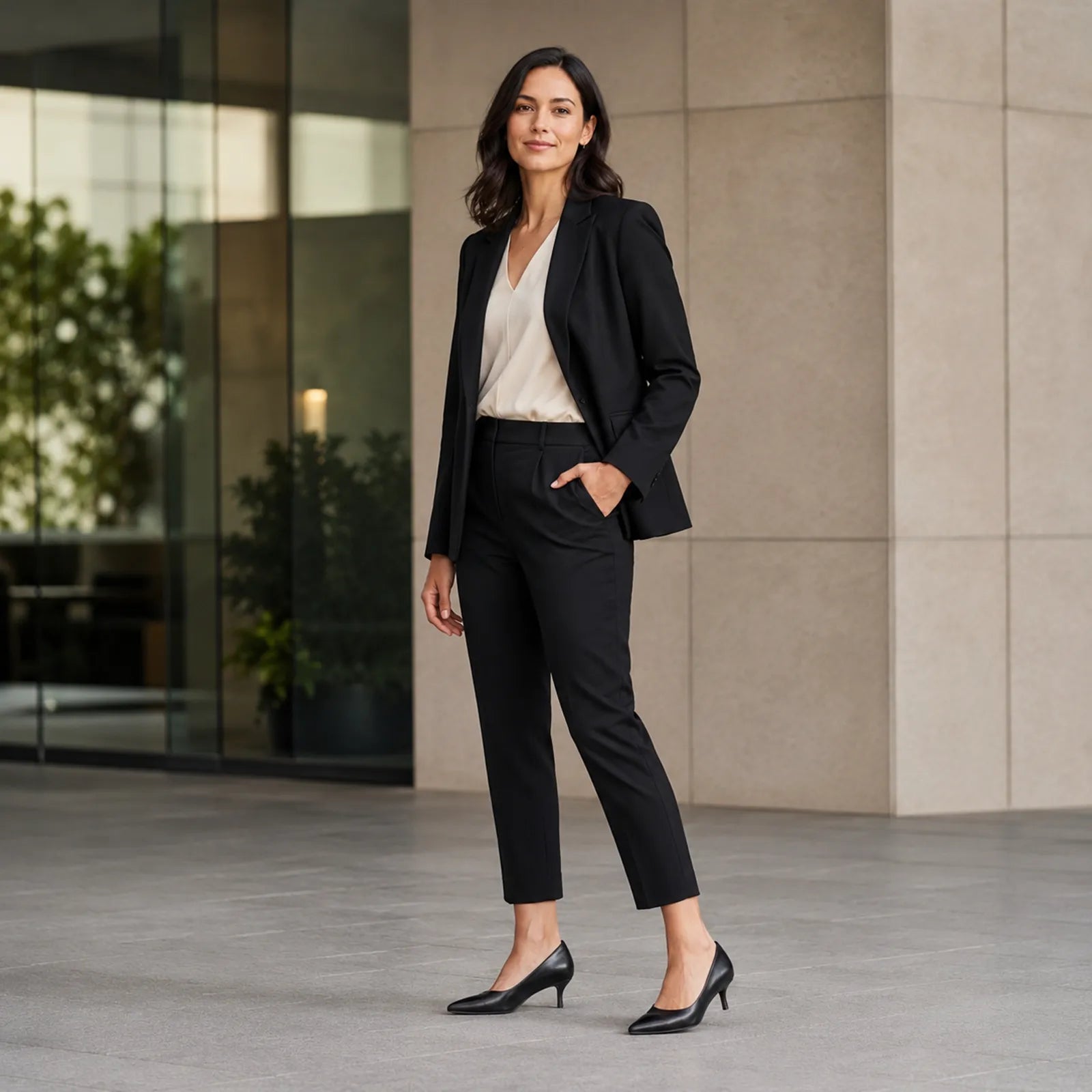 Women’s black leather pointed-toe heels worn with a black blazer and trousers.