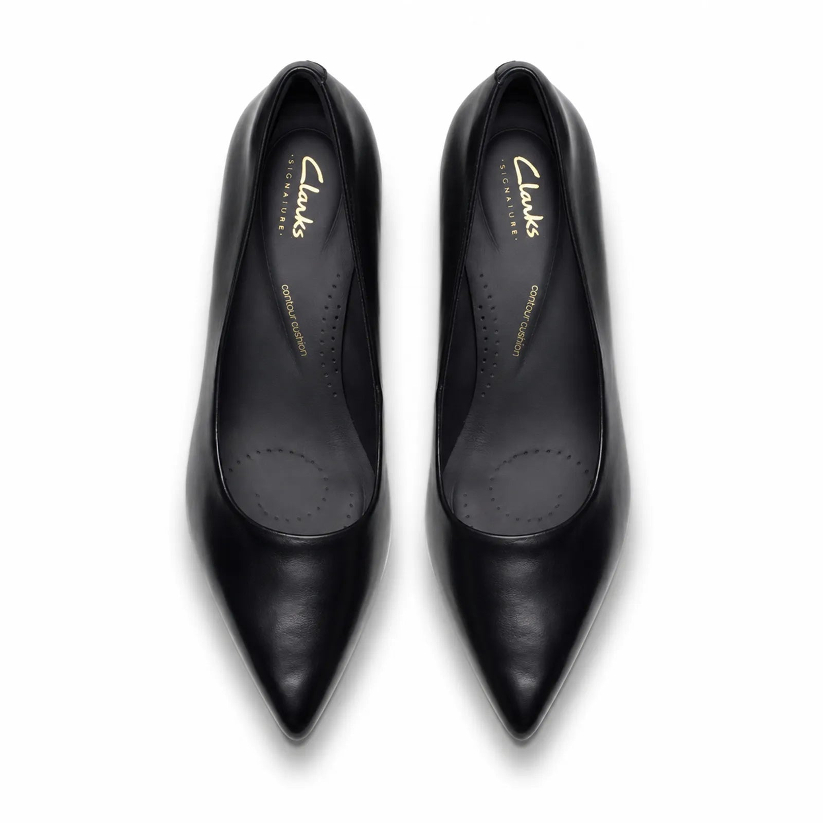 Clarks Zarey Court women’s black leather pointed-toe heels, front view pair.
