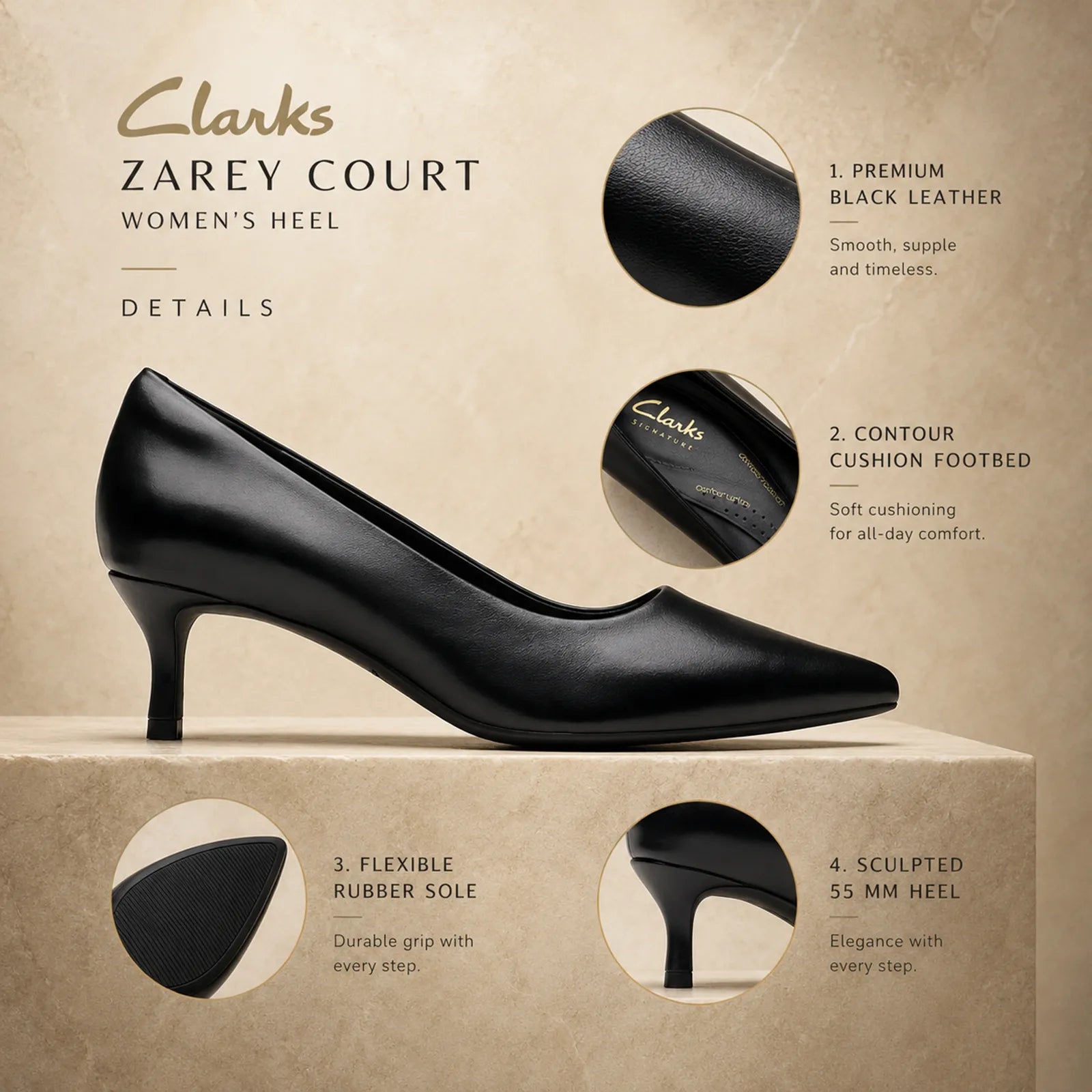 Clarks Zarey Court women’s black leather heels with smooth leather and a 55 mm heel.