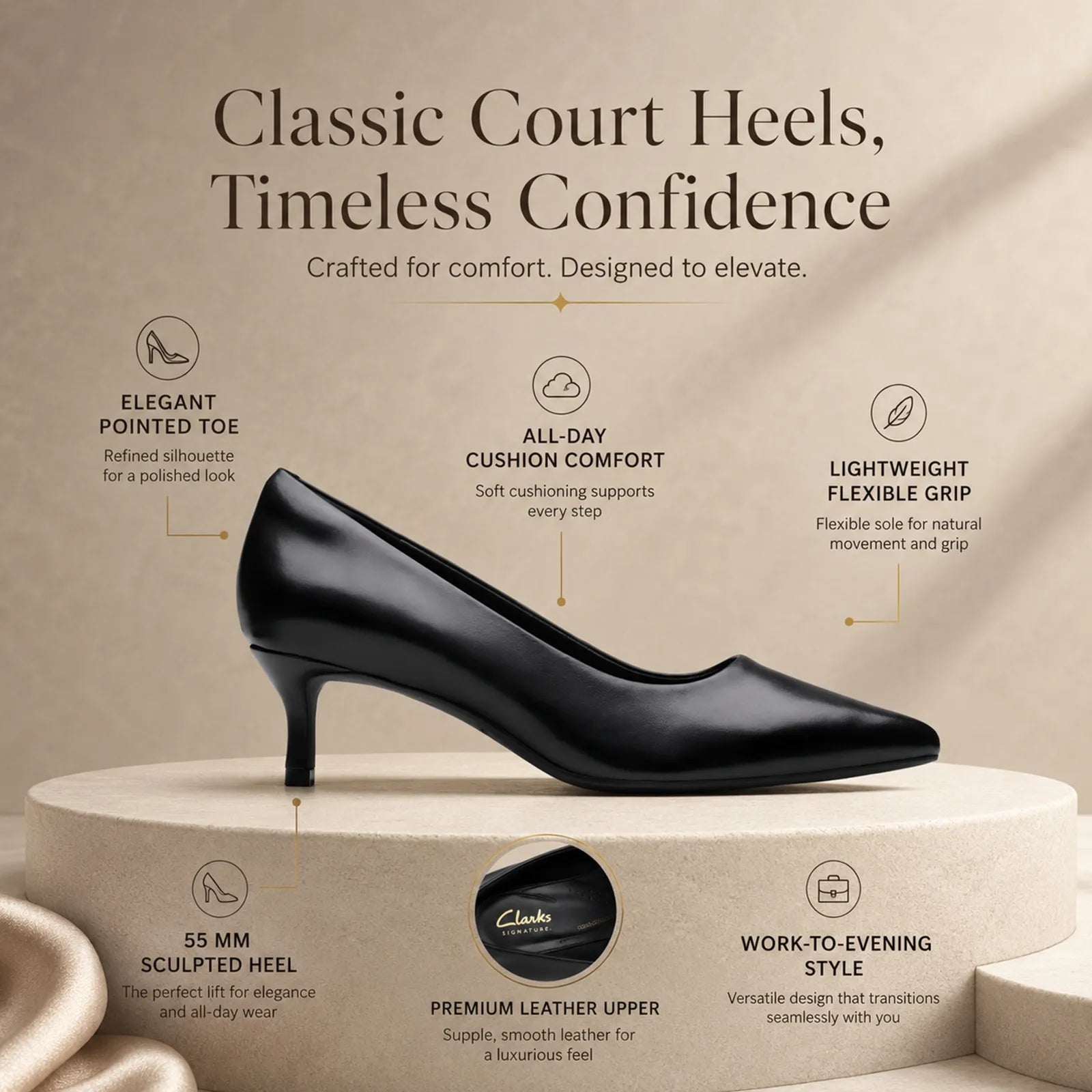 Black leather pointed-toe court heels with sculpted mid heel
