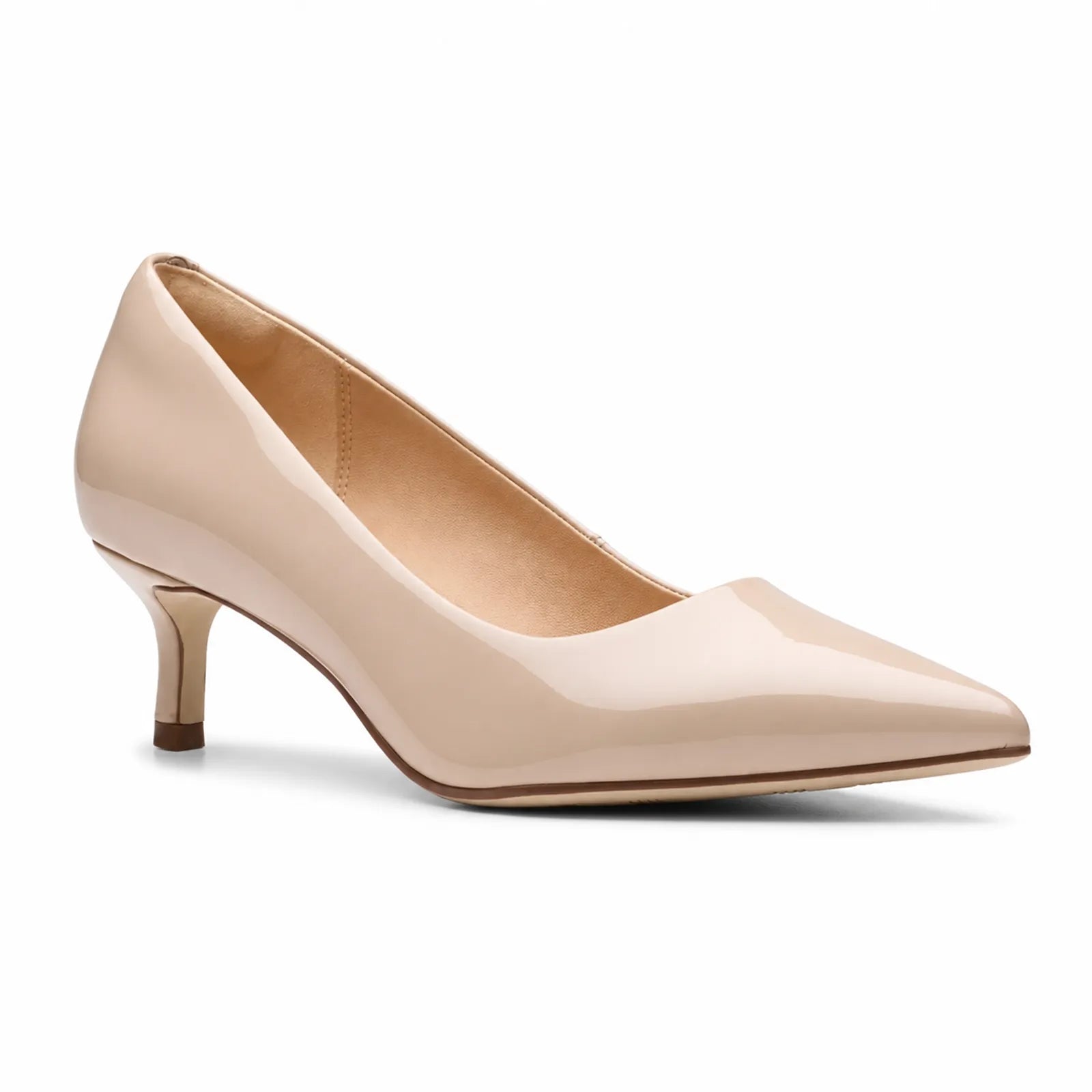 Women's sand patent leather pointed-toe court heels with mid heel