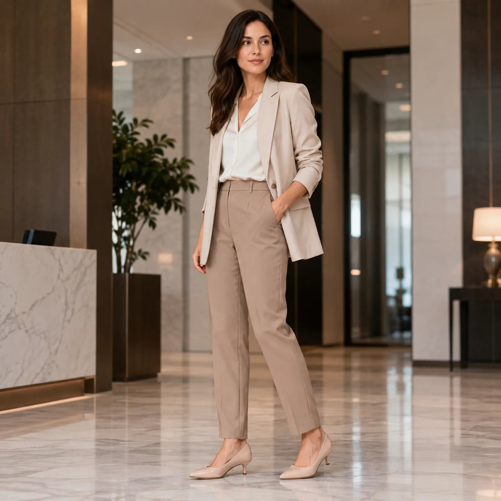 Women's beige pointed-toe court heels with mid heel, worn with office outfit