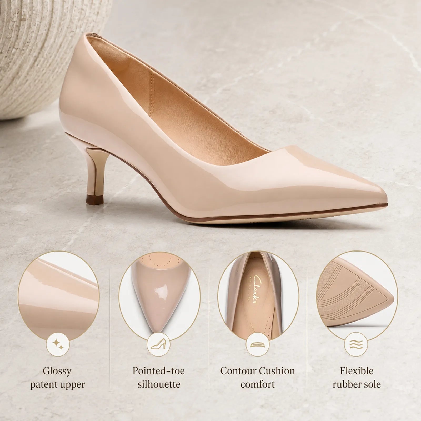 Women's sand patent pointed-toe court heels with slim mid heel